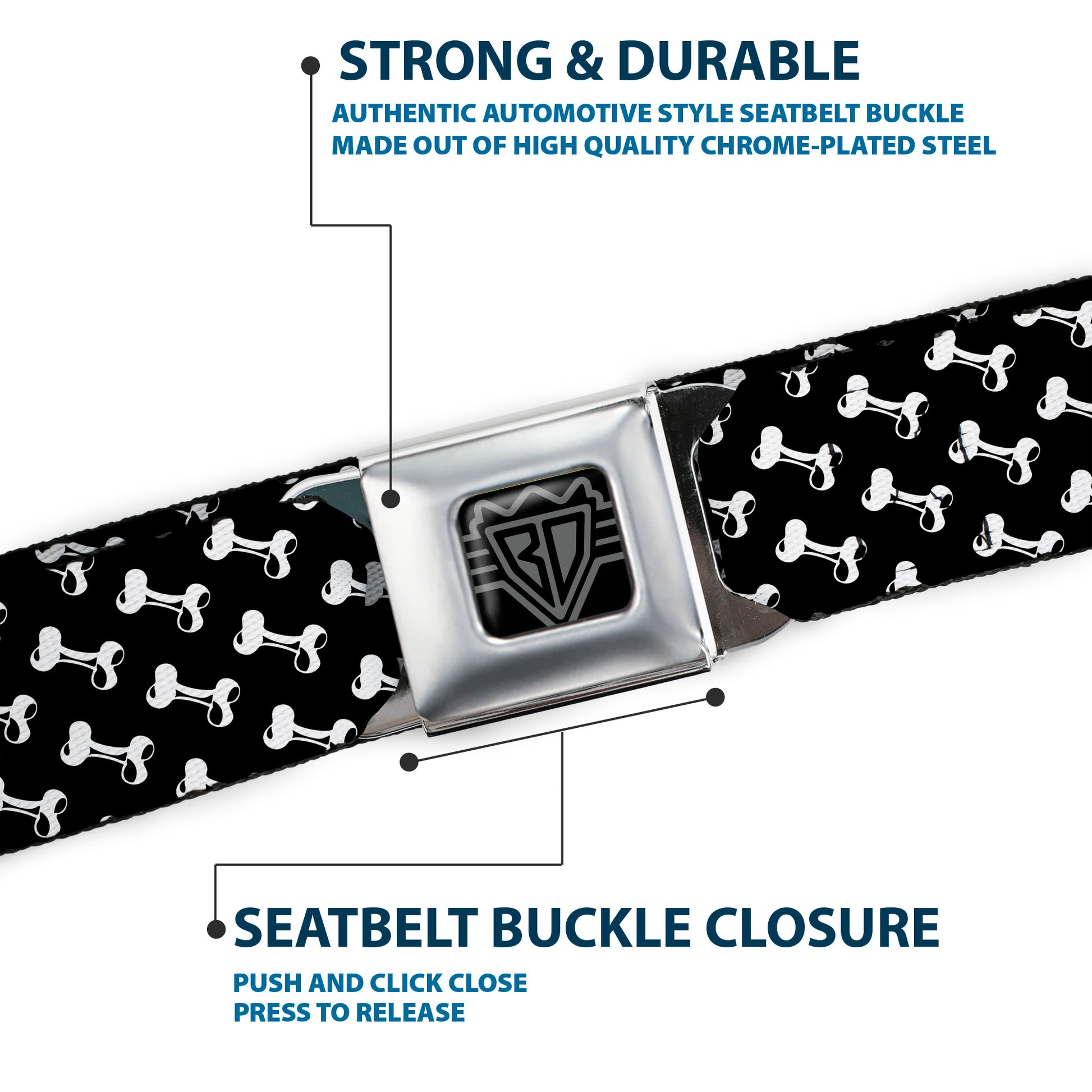 BD Wings Logo CLOSE-UP Full Color Black Silver Seatbelt Belt - Dog Bone Black/White Webbing Seatbelt Belts Buckle-Down