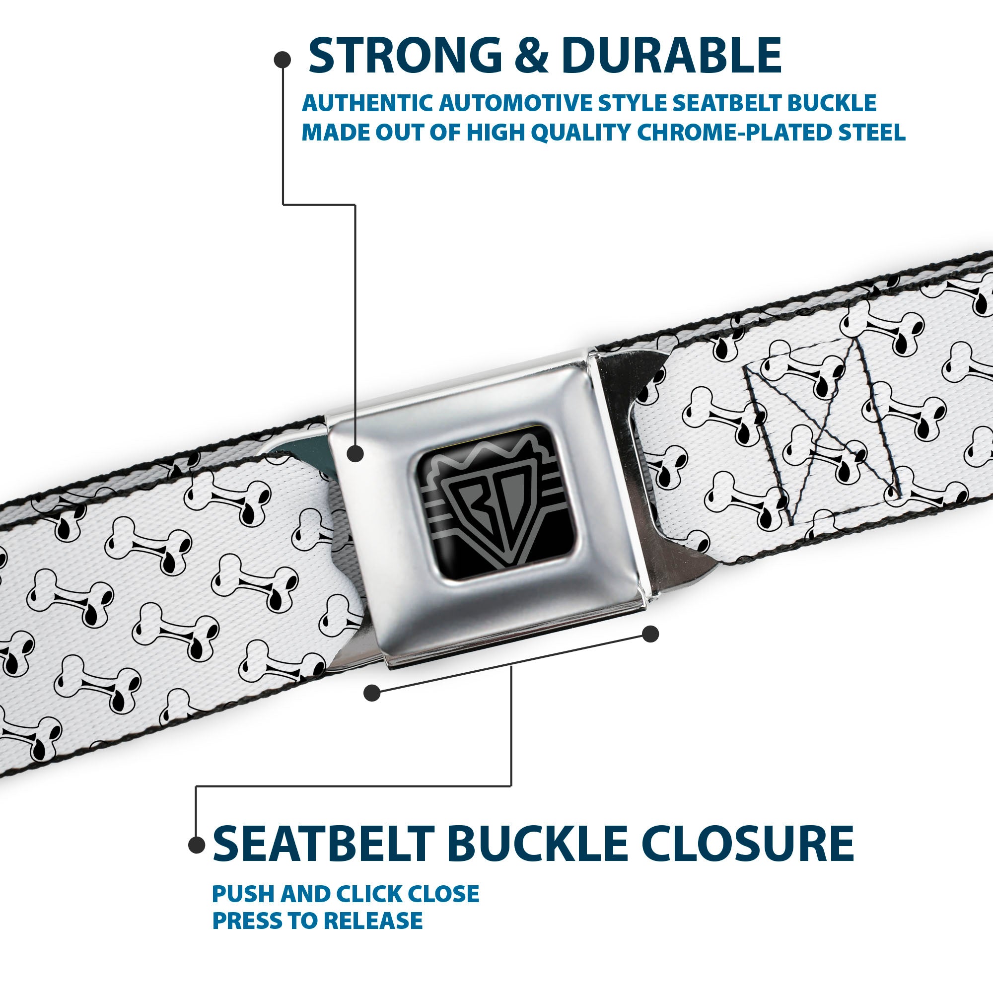 BD Wings Logo CLOSE-UP Full Color Black Silver Seatbelt Belt - Dog Bone White/Black Webbing Seatbelt Belts Buckle-Down