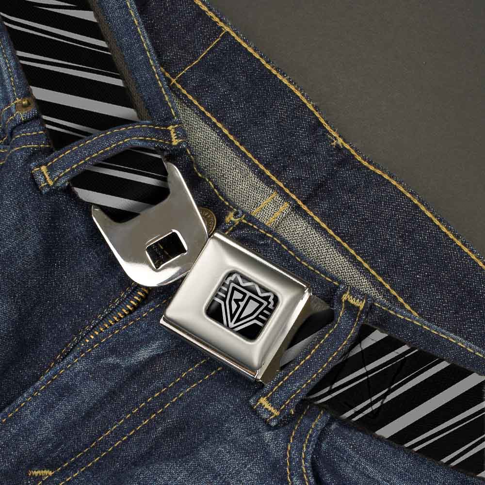 BD Wings Logo CLOSE-UP Full Color Black Silver Seatbelt Belt - Diagonal Stripes Scribble Gray/Black Webbing Seatbelt Belts Buckle-Down