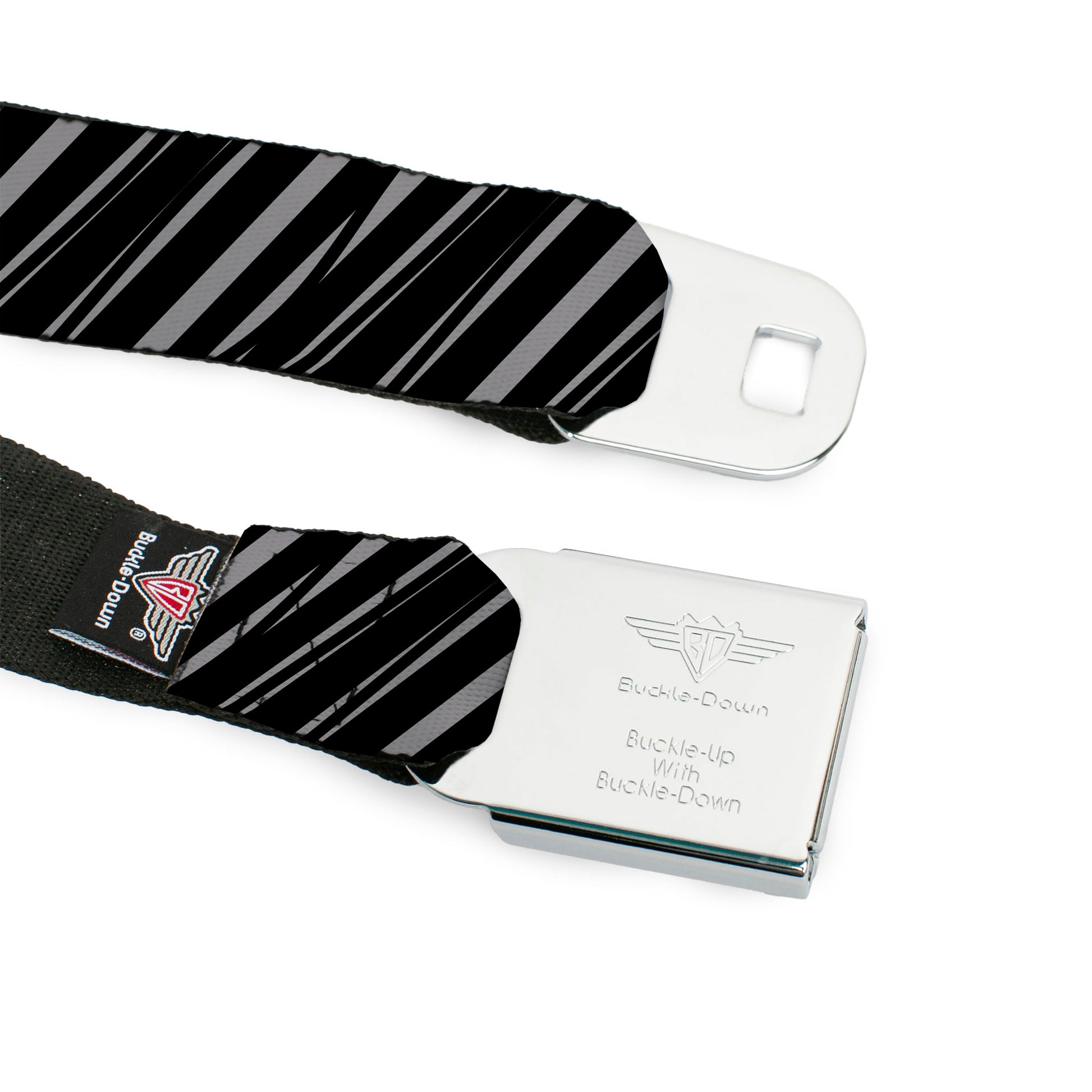 BD Wings Logo CLOSE-UP Full Color Black Silver Seatbelt Belt - Diagonal Stripes Scribble Gray/Black Webbing Seatbelt Belts Buckle-Down