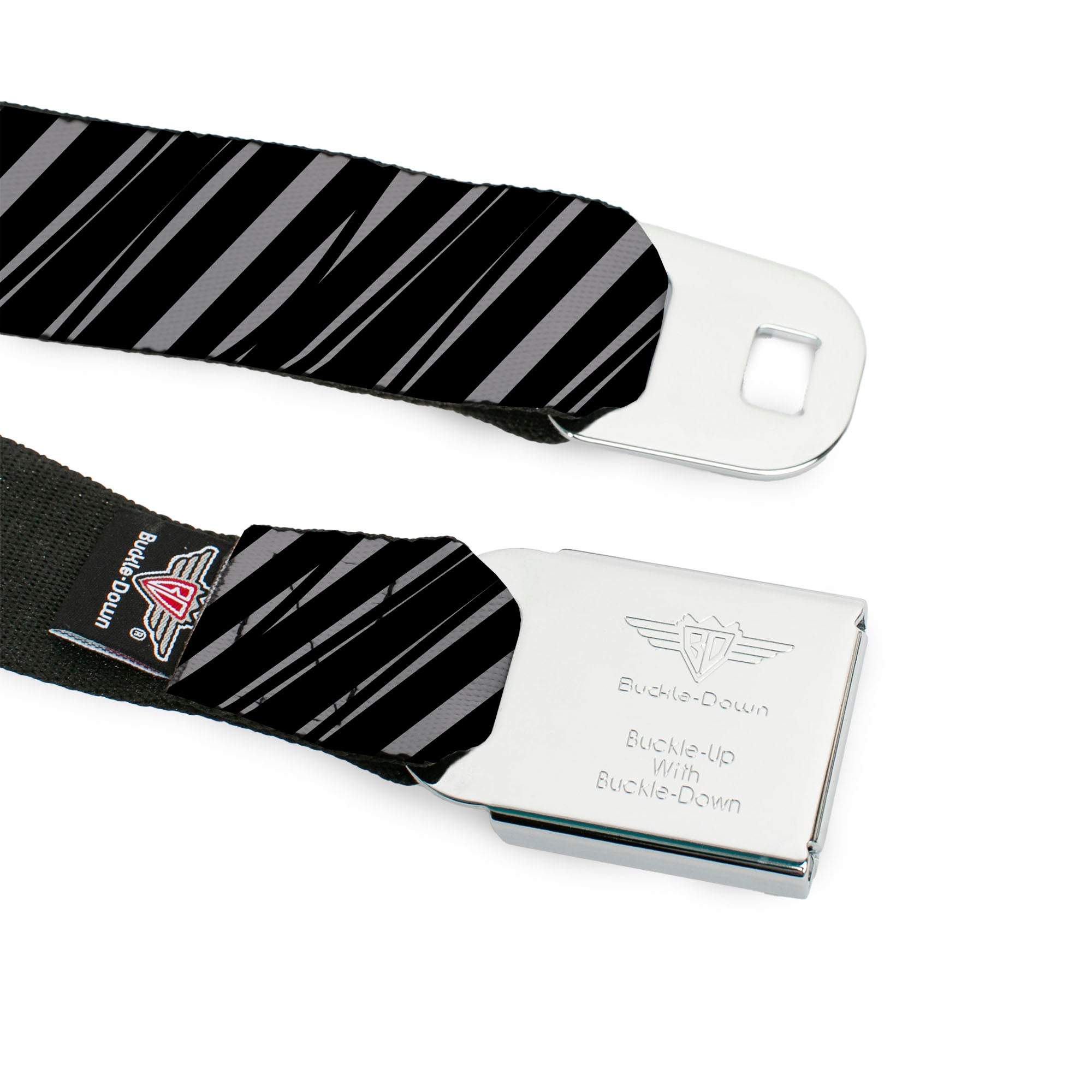 BD Wings Logo CLOSE-UP Full Color Black Silver Seatbelt Belt - Diagonal Stripes Scribble Gray/Black Webbing Seatbelt Belts Buckle-Down