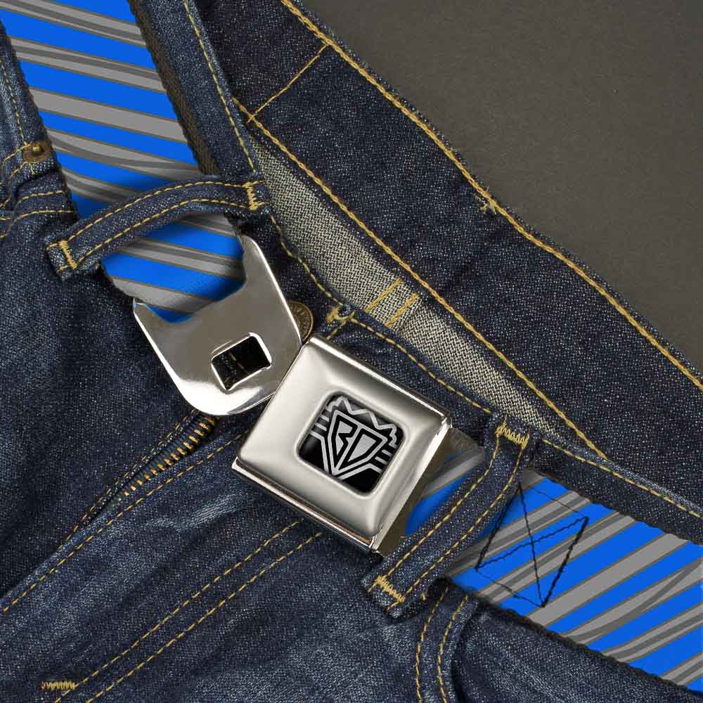 BD Wings Logo CLOSE-UP Full Color Black Silver Seatbelt Belt - Diagonal Stripes Scribble Gray/Blue Webbing Seatbelt Belts Buckle-Down