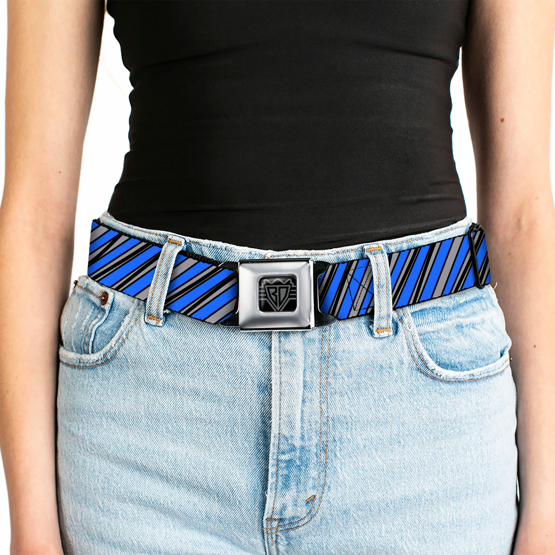 BD Wings Logo CLOSE-UP Full Color Black Silver Seatbelt Belt - Diagonal Stripes Scribble Gray/Blue Webbing Seatbelt Belts Buckle-Down