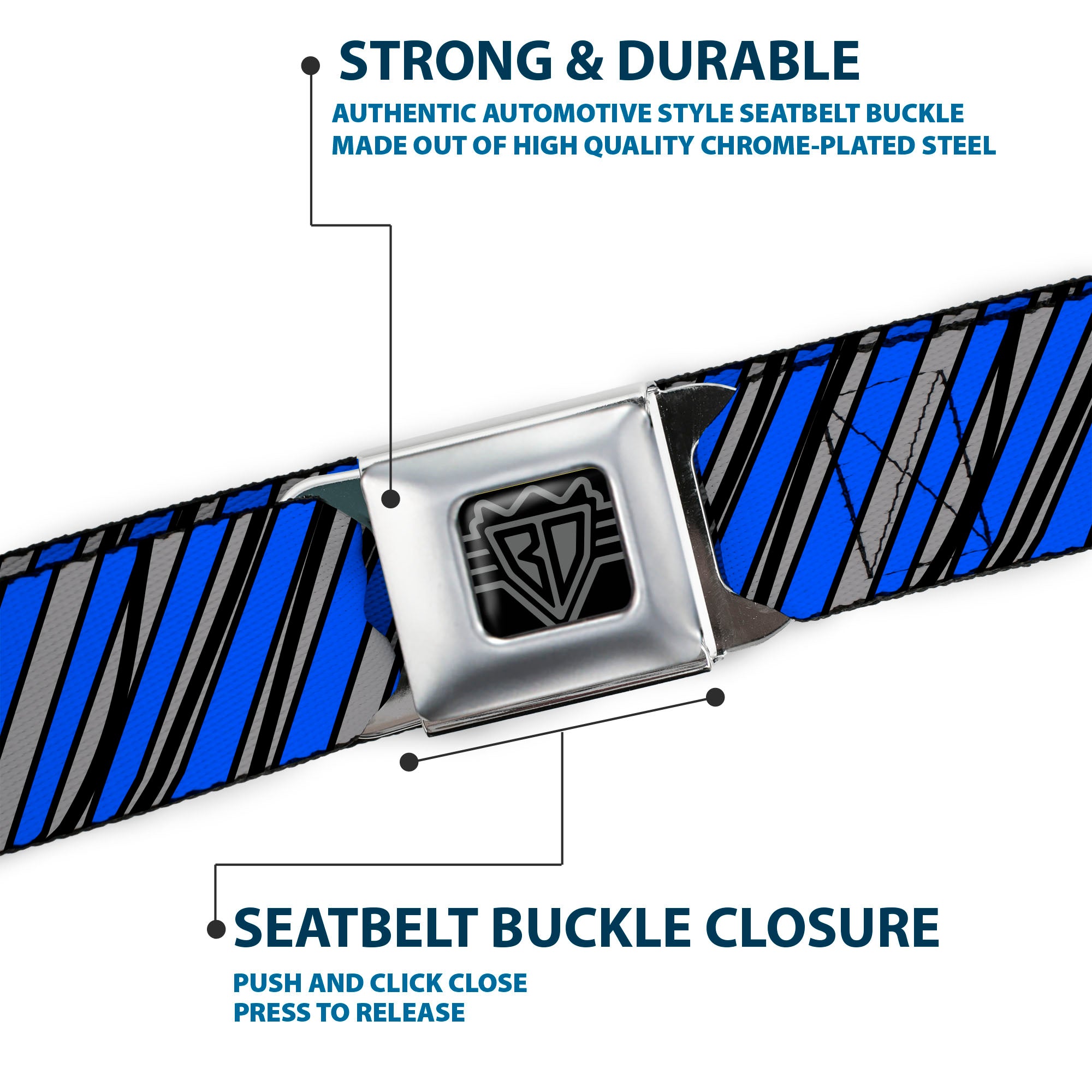 BD Wings Logo CLOSE-UP Full Color Black Silver Seatbelt Belt - Diagonal Stripes Scribble Gray/Blue Webbing Seatbelt Belts Buckle-Down
