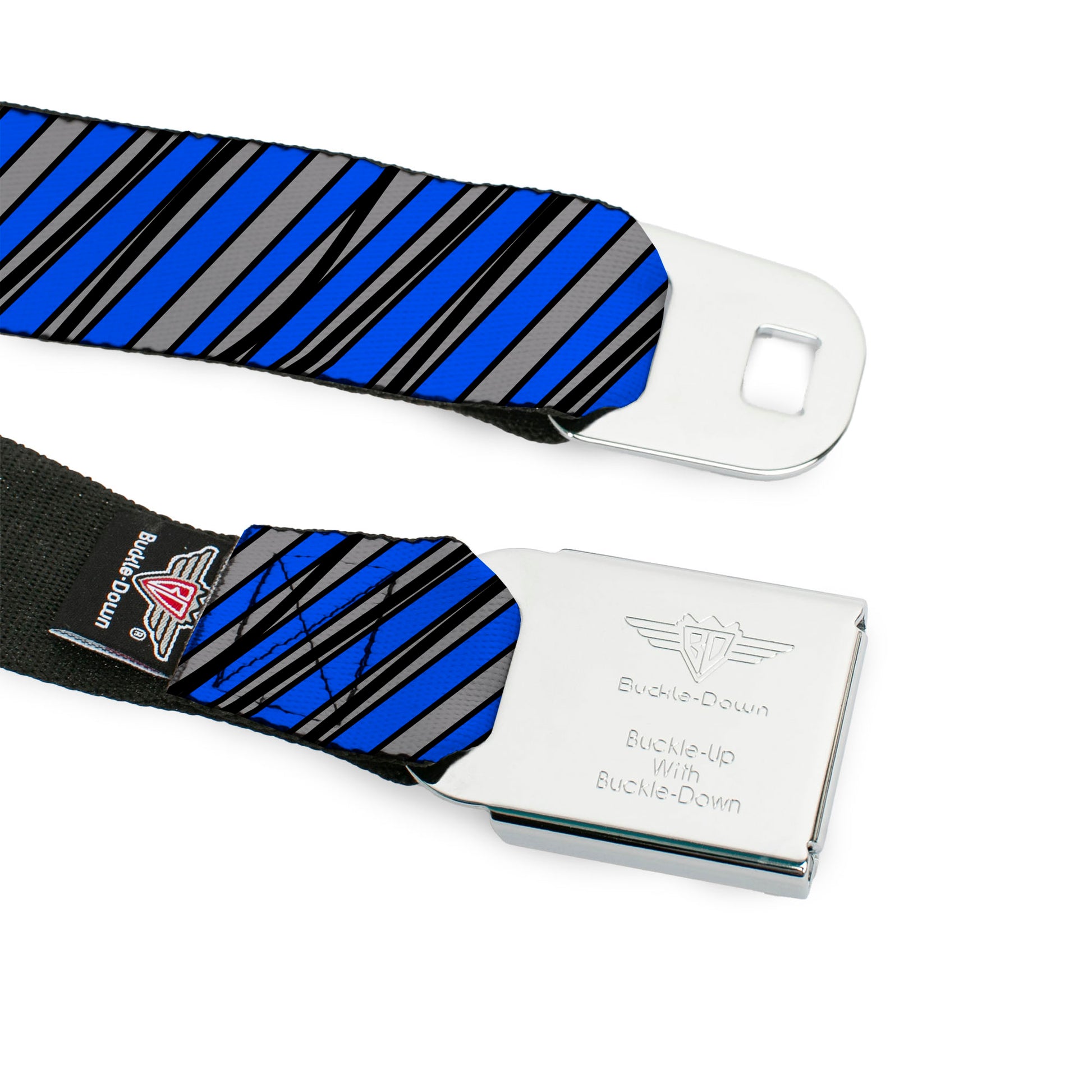 BD Wings Logo CLOSE-UP Full Color Black Silver Seatbelt Belt - Diagonal Stripes Scribble Gray/Blue Webbing Seatbelt Belts Buckle-Down