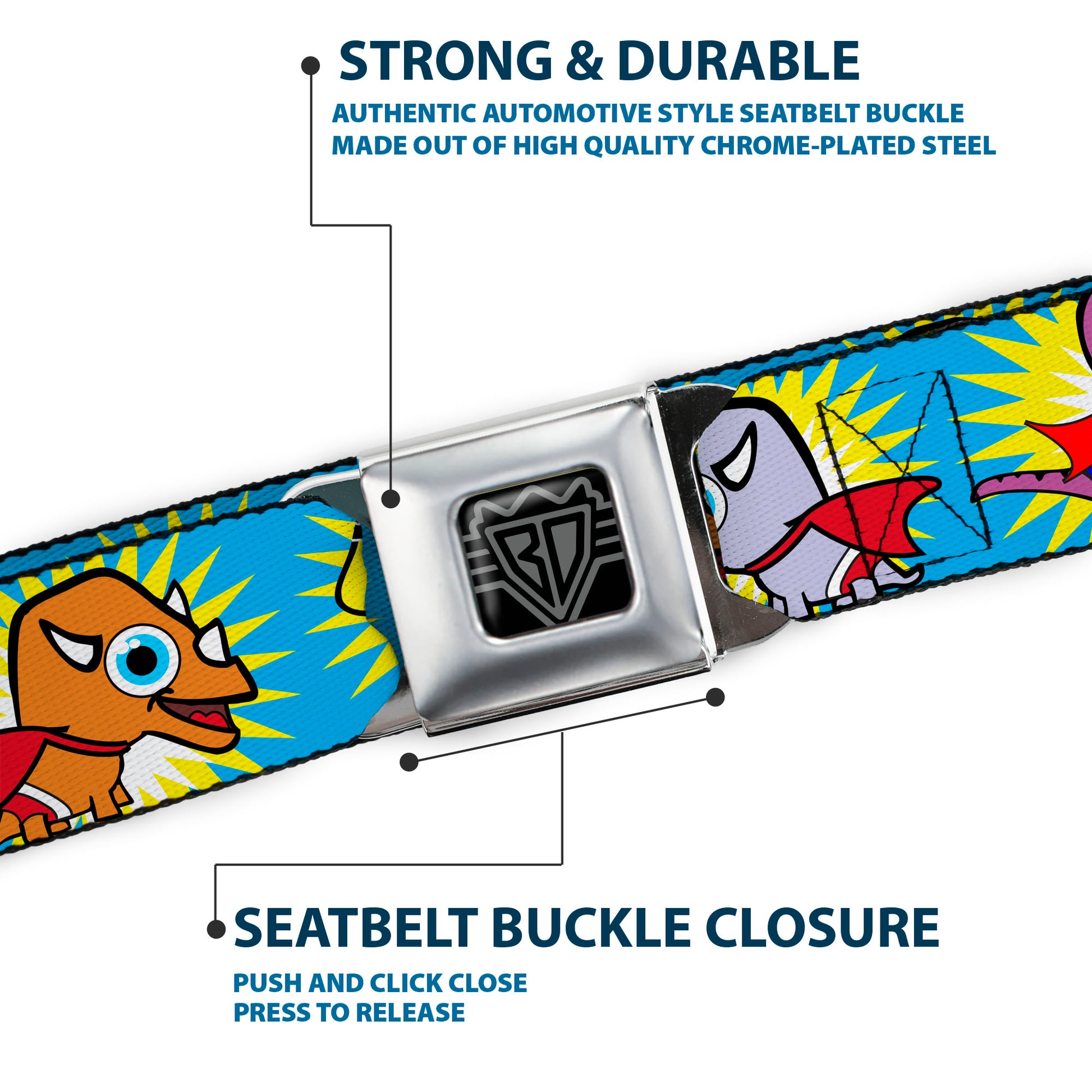 BD Wings Logo CLOSE-UP Full Color Black Silver Seatbelt Belt - Dinosaur Superhero Baby Blue Webbing Seatbelt Belts Buckle-Down