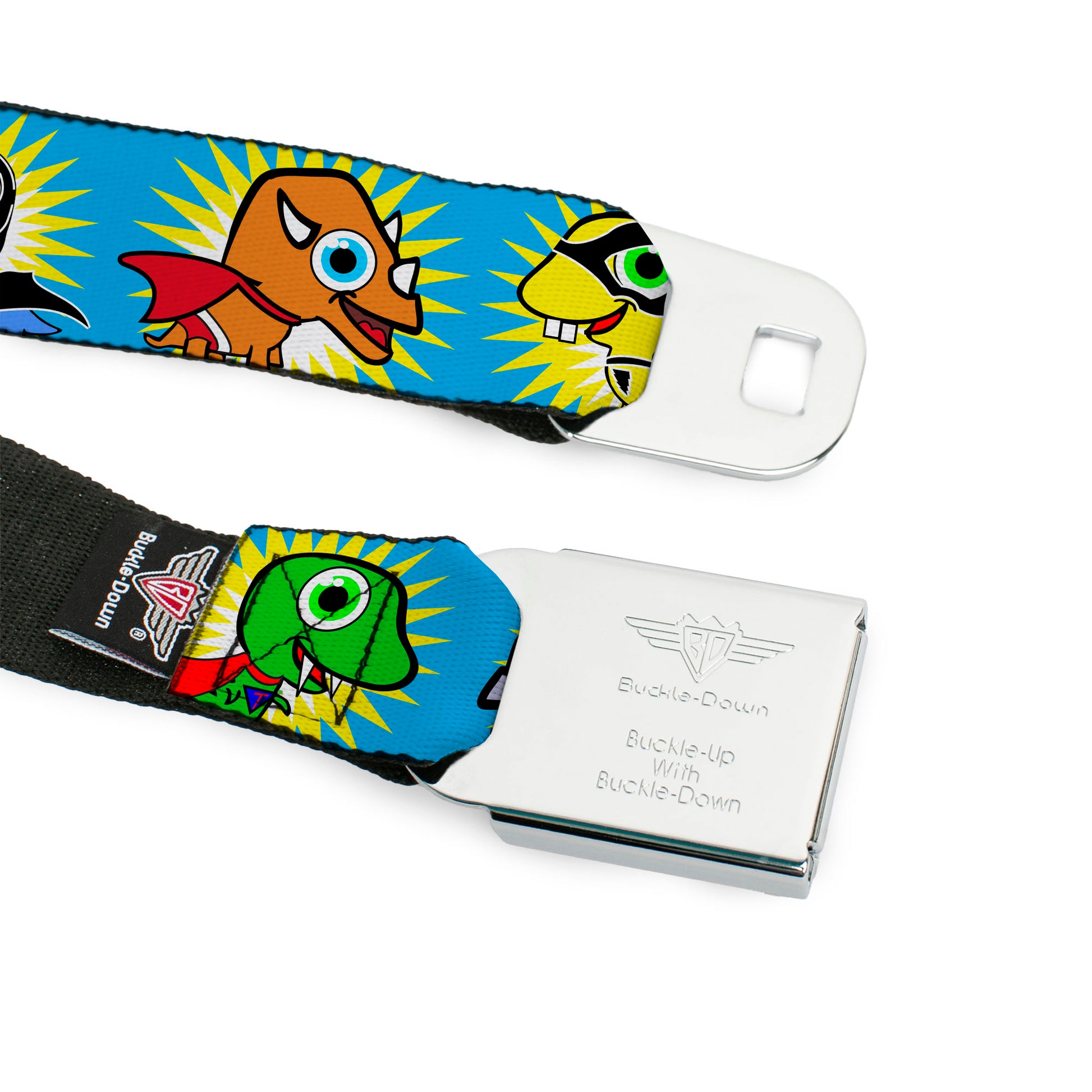 BD Wings Logo CLOSE-UP Full Color Black Silver Seatbelt Belt - Dinosaur Superhero Baby Blue Webbing Seatbelt Belts Buckle-Down
