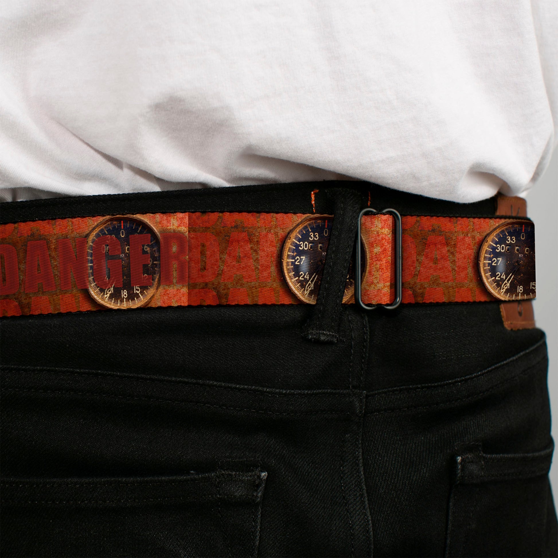 BD Wings Logo CLOSE-UP Full Color Black Silver Seatbelt Belt - Danger Gauge Webbing Seatbelt Belts Buckle-Down