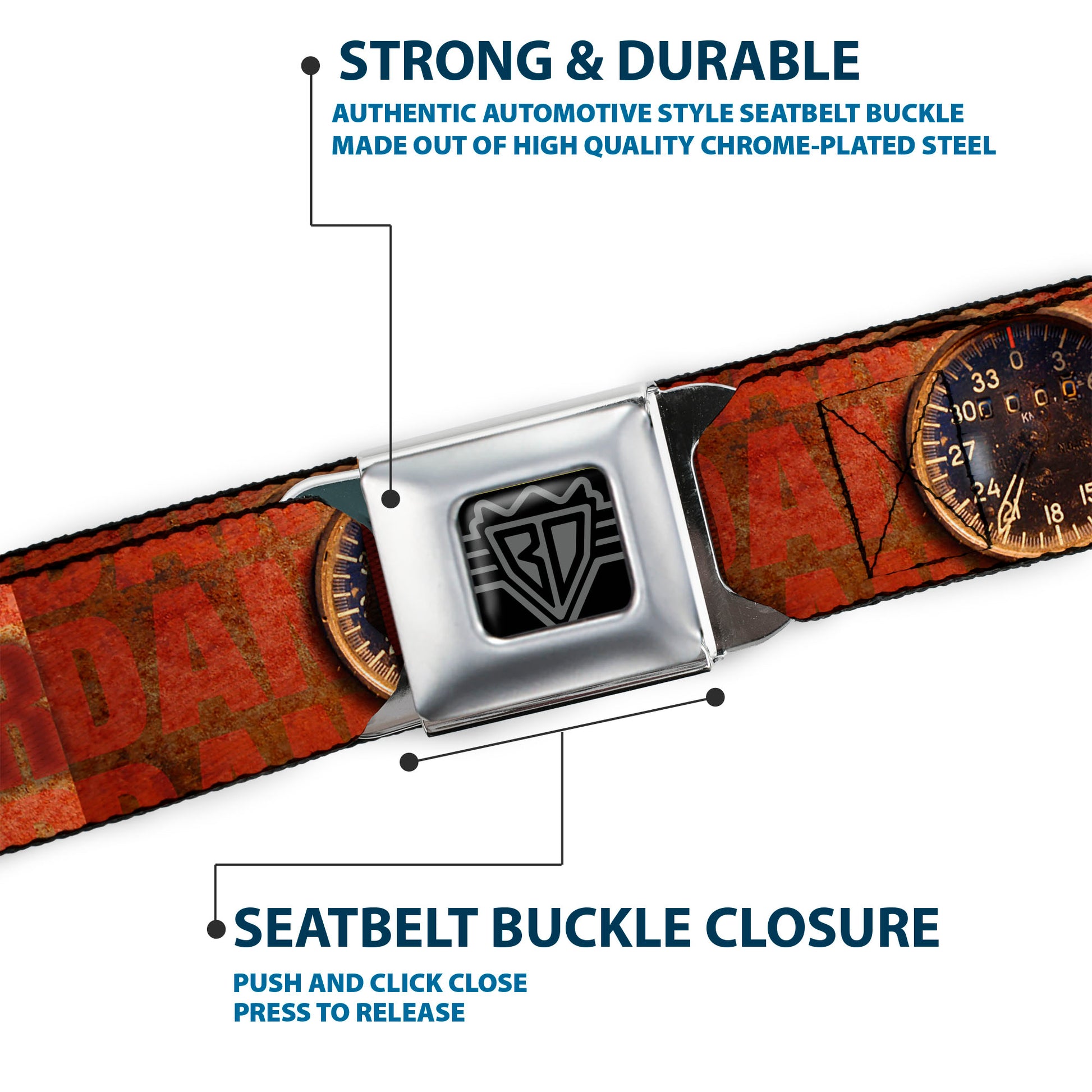 BD Wings Logo CLOSE-UP Full Color Black Silver Seatbelt Belt - Danger Gauge Webbing Seatbelt Belts Buckle-Down