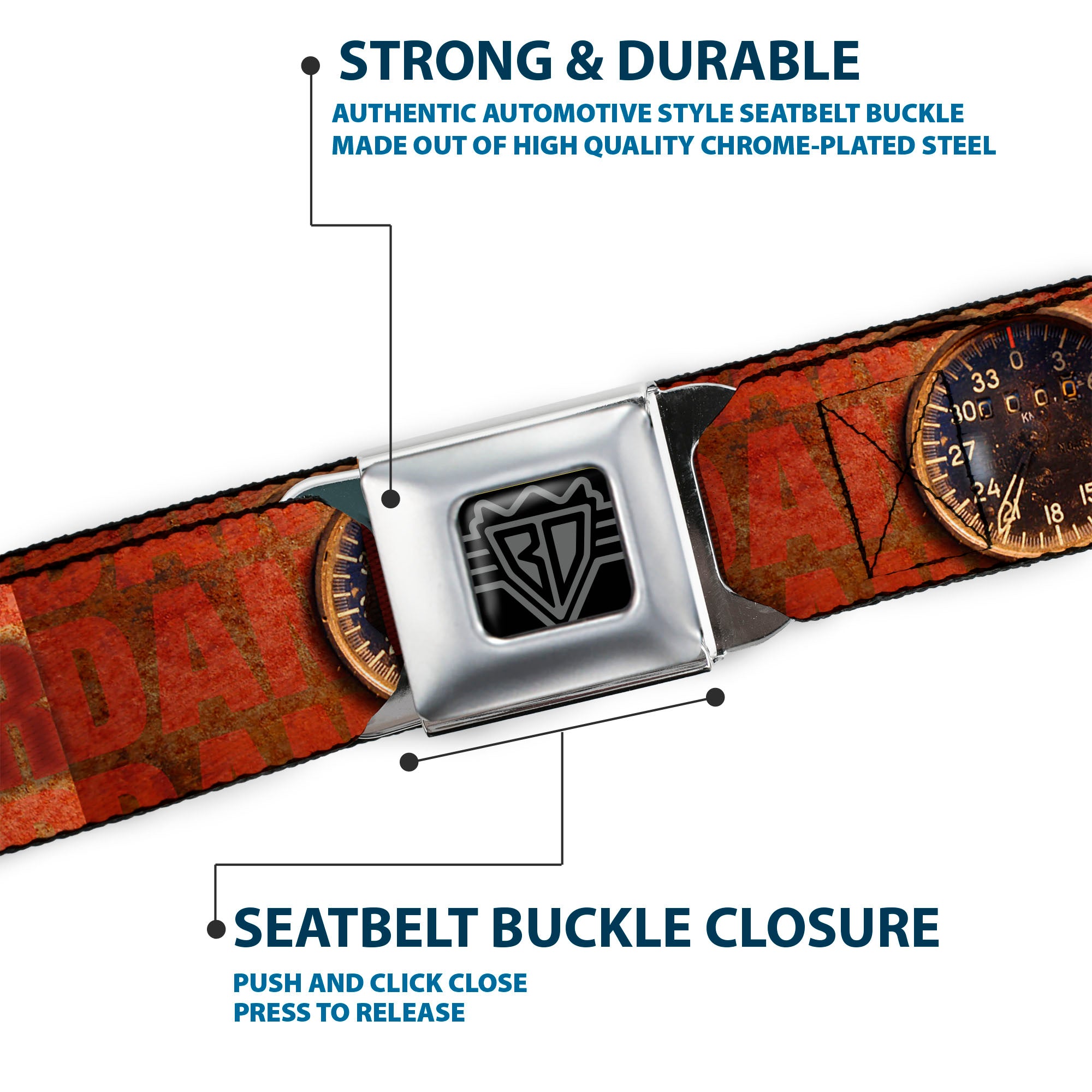 BD Wings Logo CLOSE-UP Full Color Black Silver Seatbelt Belt - Danger Gauge Webbing Seatbelt Belts Buckle-Down