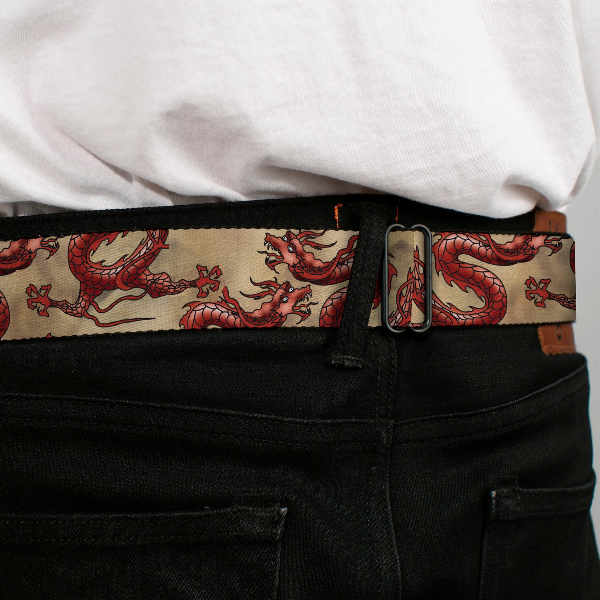 BD Wings Logo CLOSE-UP Full Color Black Silver Seatbelt Belt - Dragons Tan Webbing Seatbelt Belts Buckle-Down