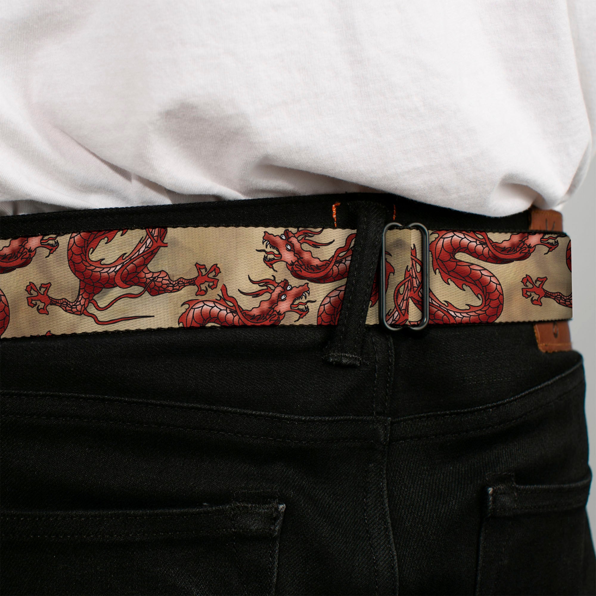 BD Wings Logo CLOSE-UP Full Color Black Silver Seatbelt Belt - Dragons Tan Webbing Seatbelt Belts Buckle-Down