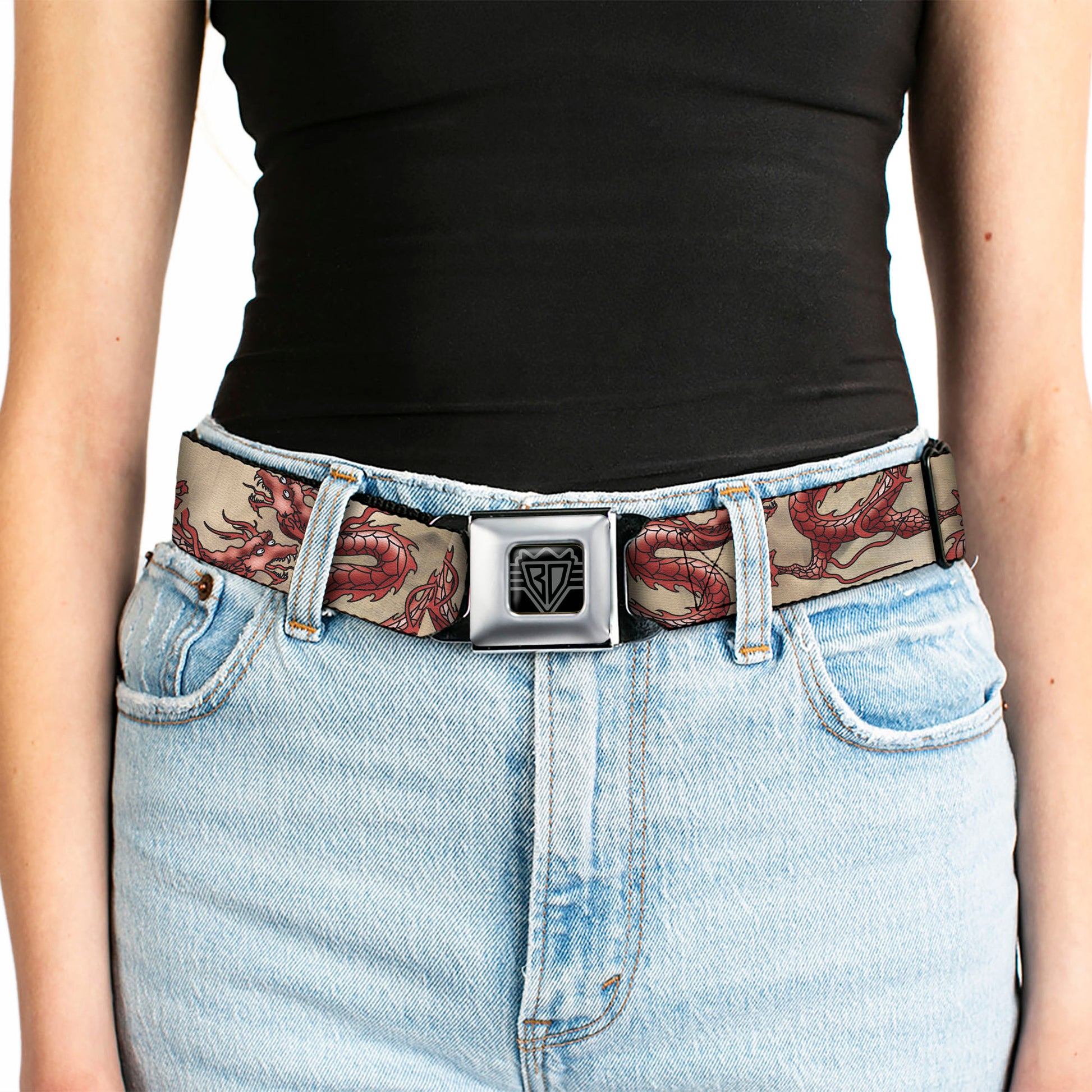 BD Wings Logo CLOSE-UP Full Color Black Silver Seatbelt Belt - Dragons Tan Webbing Seatbelt Belts Buckle-Down