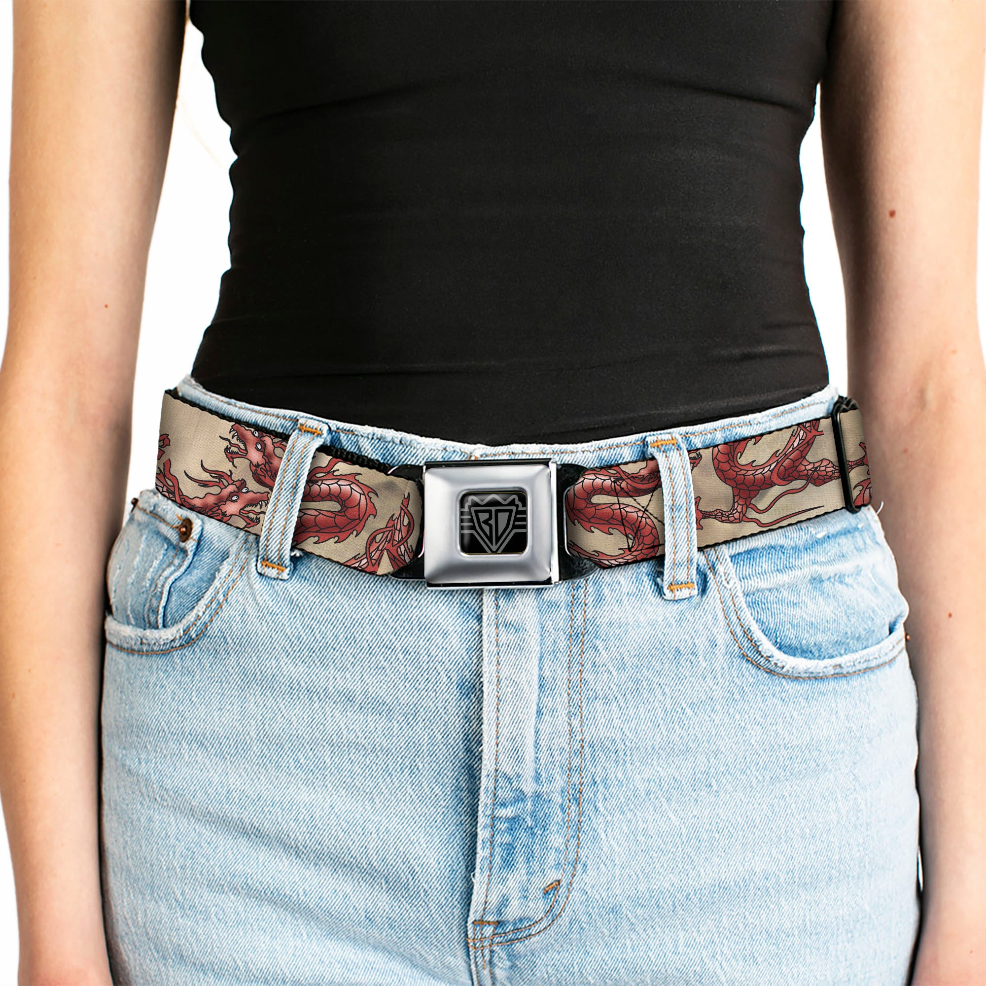 BD Wings Logo CLOSE-UP Full Color Black Silver Seatbelt Belt - Dragons Tan Webbing Seatbelt Belts Buckle-Down