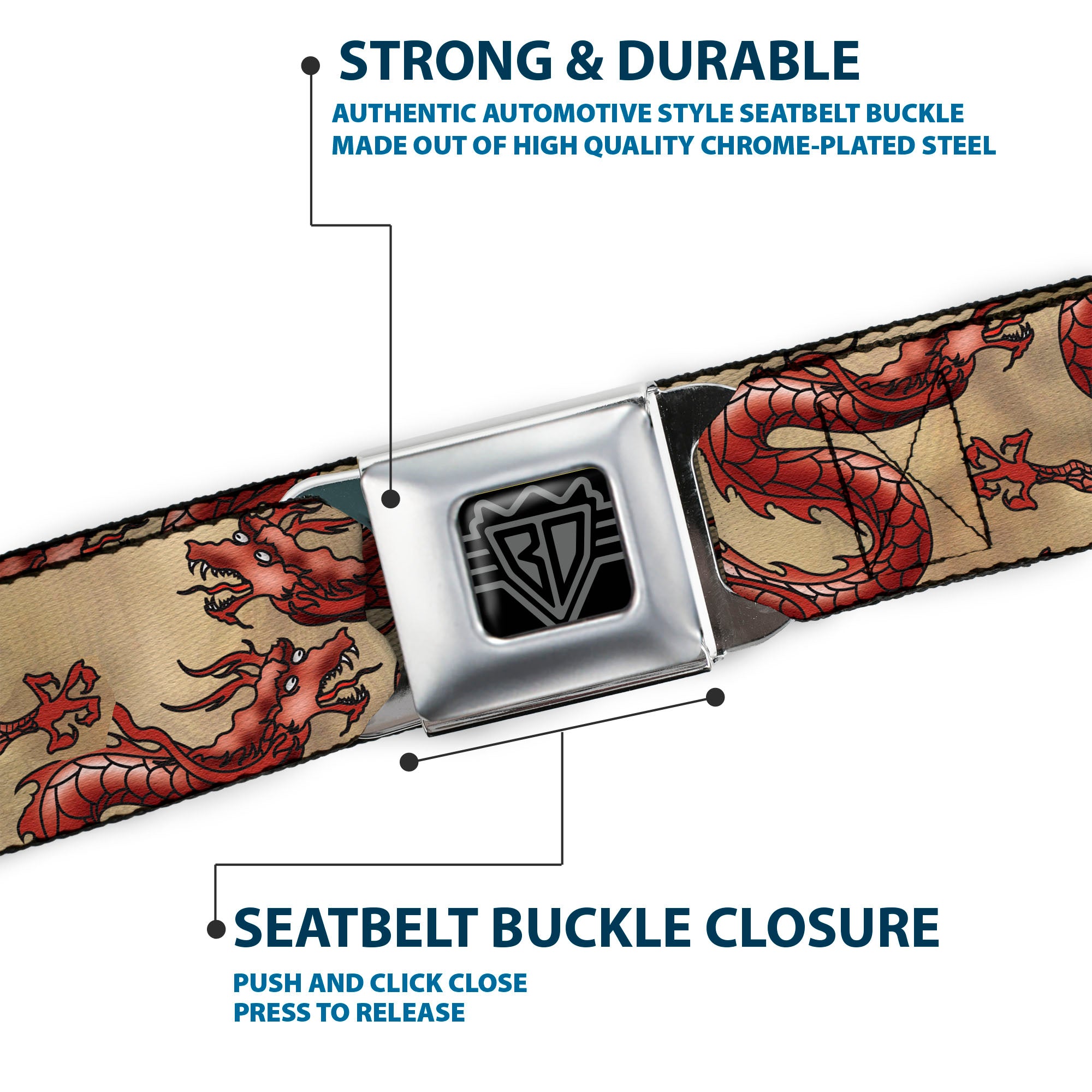 BD Wings Logo CLOSE-UP Full Color Black Silver Seatbelt Belt - Dragons Tan Webbing Seatbelt Belts Buckle-Down