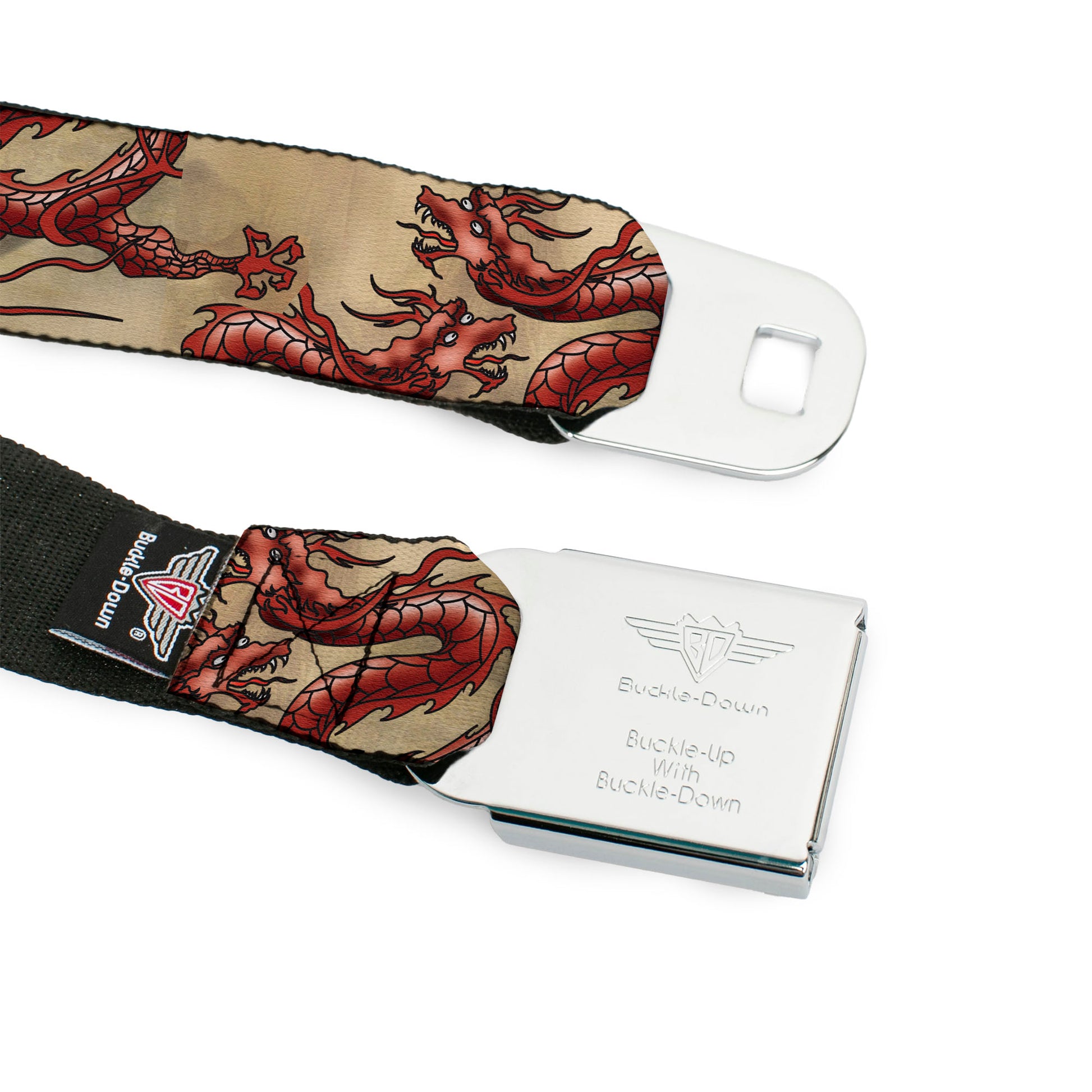 BD Wings Logo CLOSE-UP Full Color Black Silver Seatbelt Belt - Dragons Tan Webbing Seatbelt Belts Buckle-Down