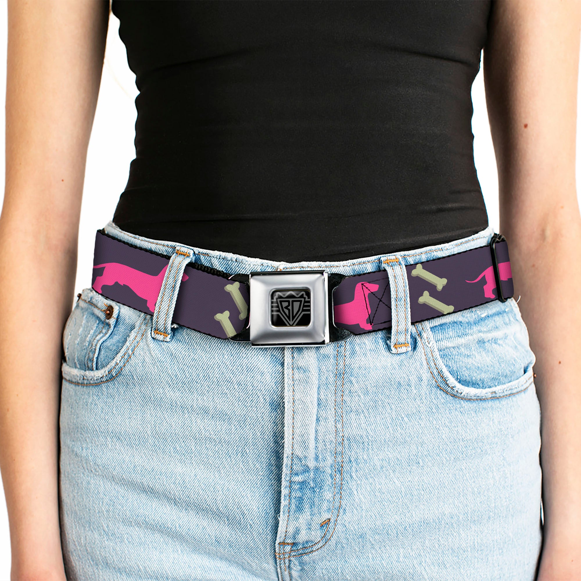 BD Wings Logo CLOSE-UP Full Color Black Silver Seatbelt Belt - Dachshunds & Bones Purple/Fuchsia/Green Webbing Seatbelt Belts Buckle-Down