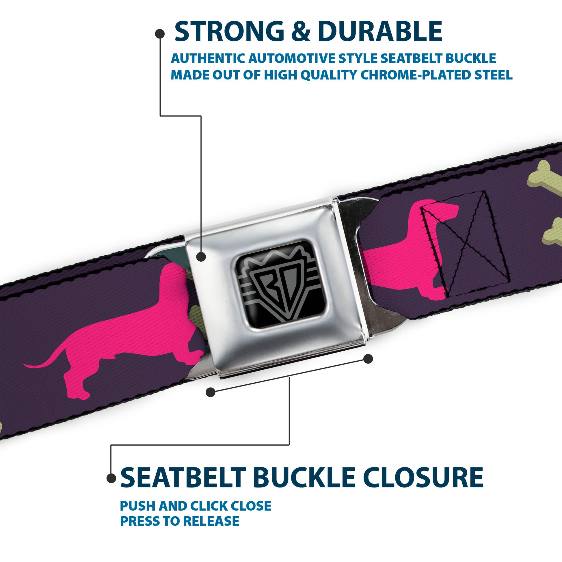 BD Wings Logo CLOSE-UP Full Color Black Silver Seatbelt Belt - Dachshunds & Bones Purple/Fuchsia/Green Webbing Seatbelt Belts Buckle-Down