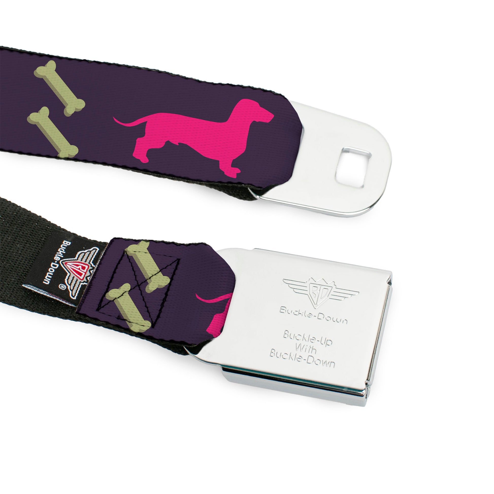 BD Wings Logo CLOSE-UP Full Color Black Silver Seatbelt Belt - Dachshunds & Bones Purple/Fuchsia/Green Webbing Seatbelt Belts Buckle-Down