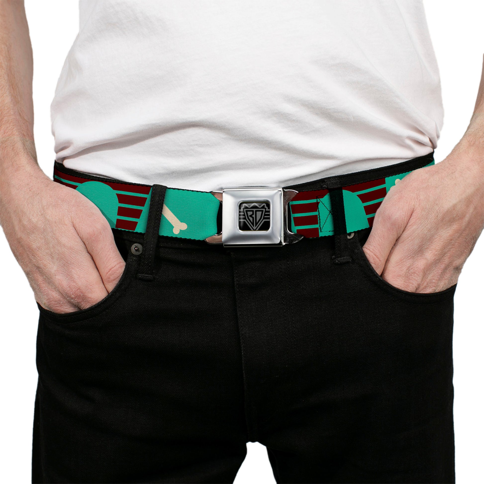 BD Wings Logo CLOSE-UP Full Color Black Silver Seatbelt Belt - Dog House & Bone Turquoise/Brown Webbing Seatbelt Belts Buckle-Down