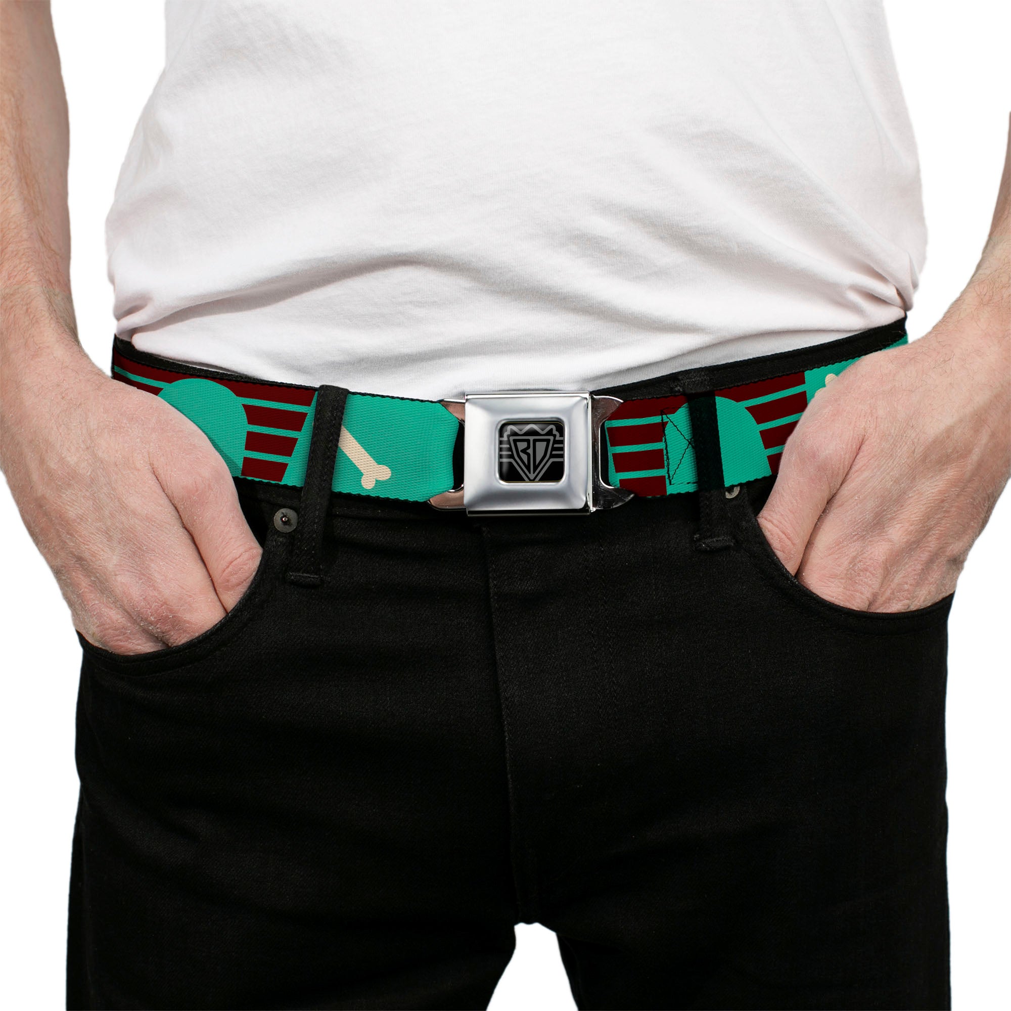 BD Wings Logo CLOSE-UP Full Color Black Silver Seatbelt Belt - Dog House & Bone Turquoise/Brown Webbing Seatbelt Belts Buckle-Down