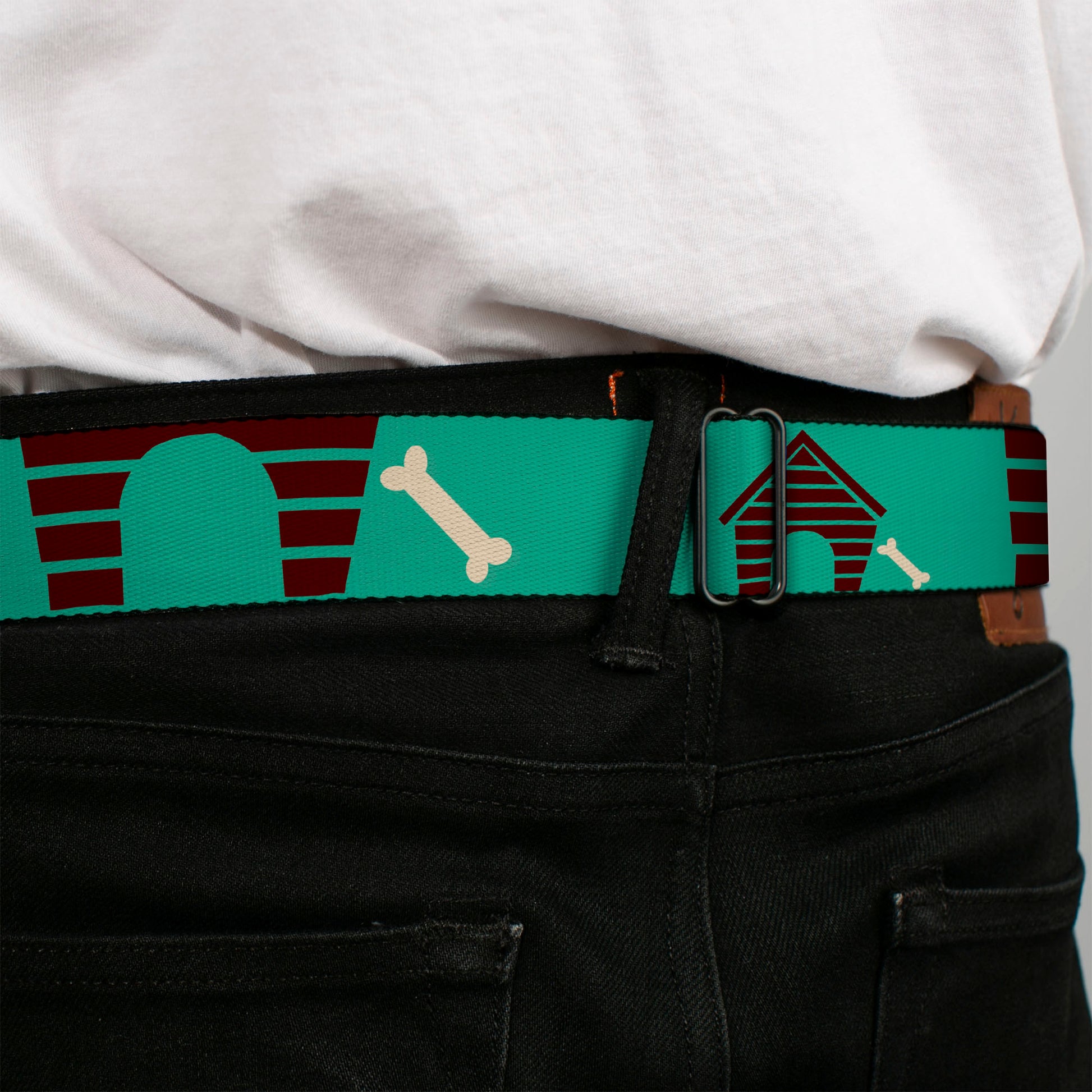 BD Wings Logo CLOSE-UP Full Color Black Silver Seatbelt Belt - Dog House & Bone Turquoise/Brown Webbing Seatbelt Belts Buckle-Down