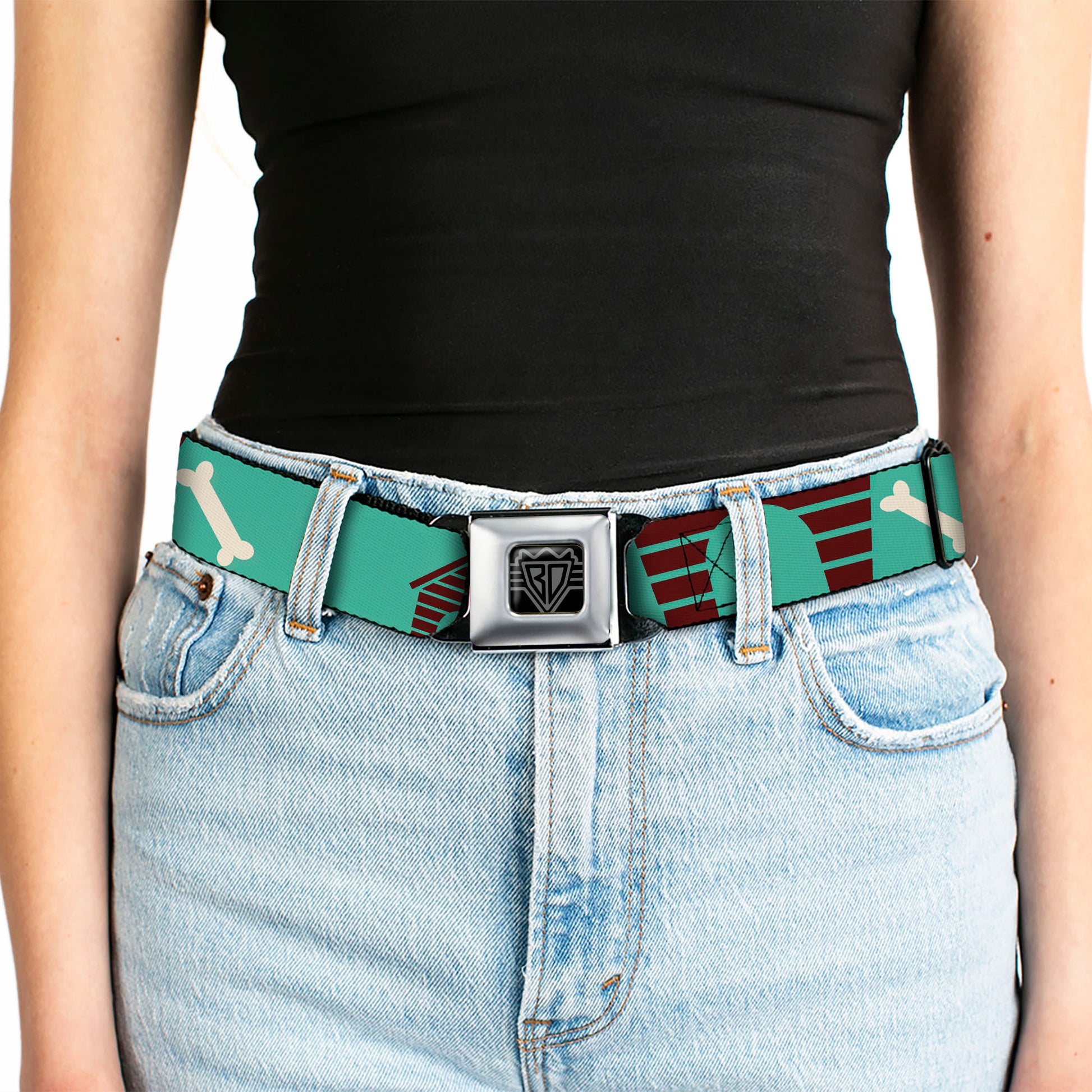 BD Wings Logo CLOSE-UP Full Color Black Silver Seatbelt Belt - Dog House & Bone Turquoise/Brown Webbing Seatbelt Belts Buckle-Down