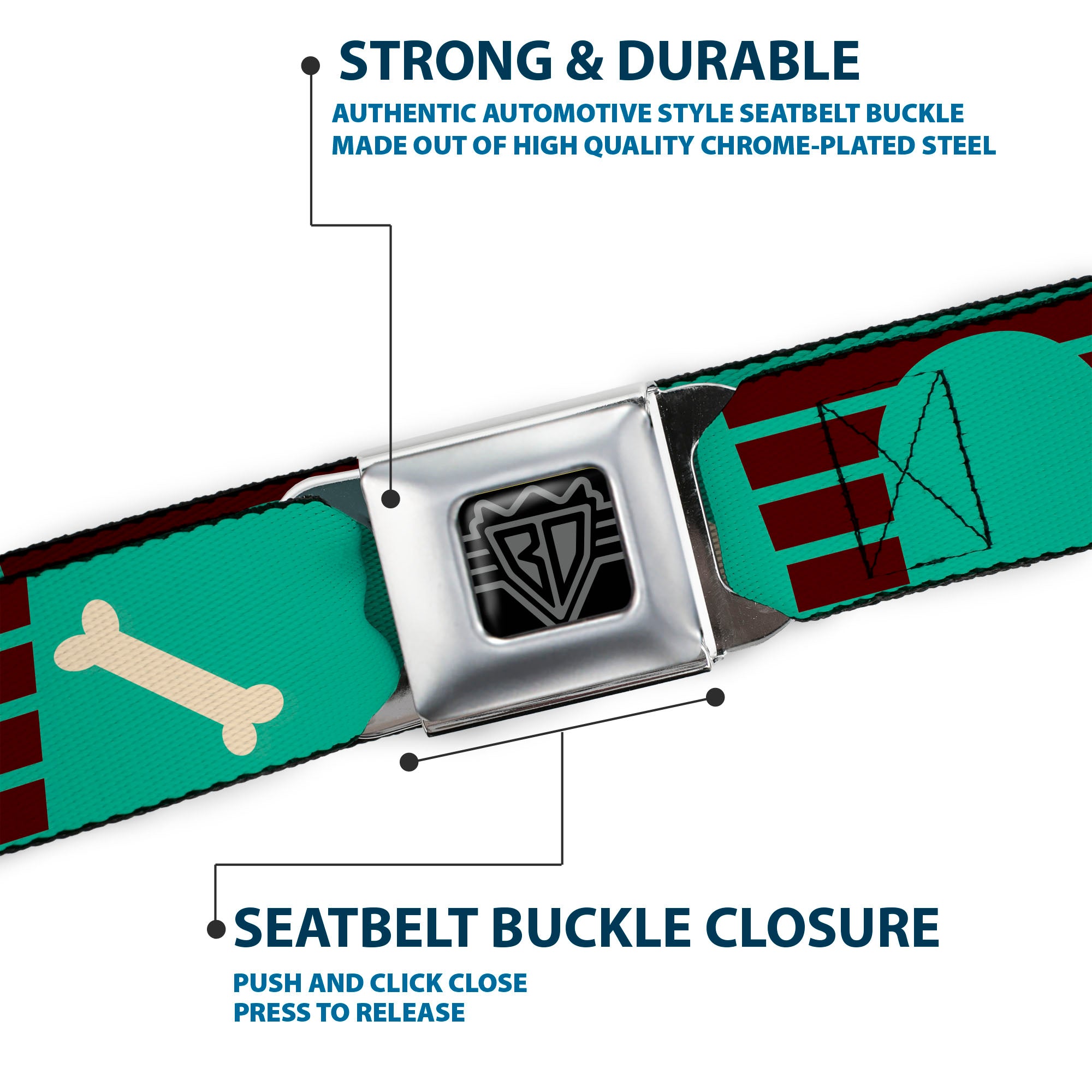 BD Wings Logo CLOSE-UP Full Color Black Silver Seatbelt Belt - Dog House & Bone Turquoise/Brown Webbing Seatbelt Belts Buckle-Down