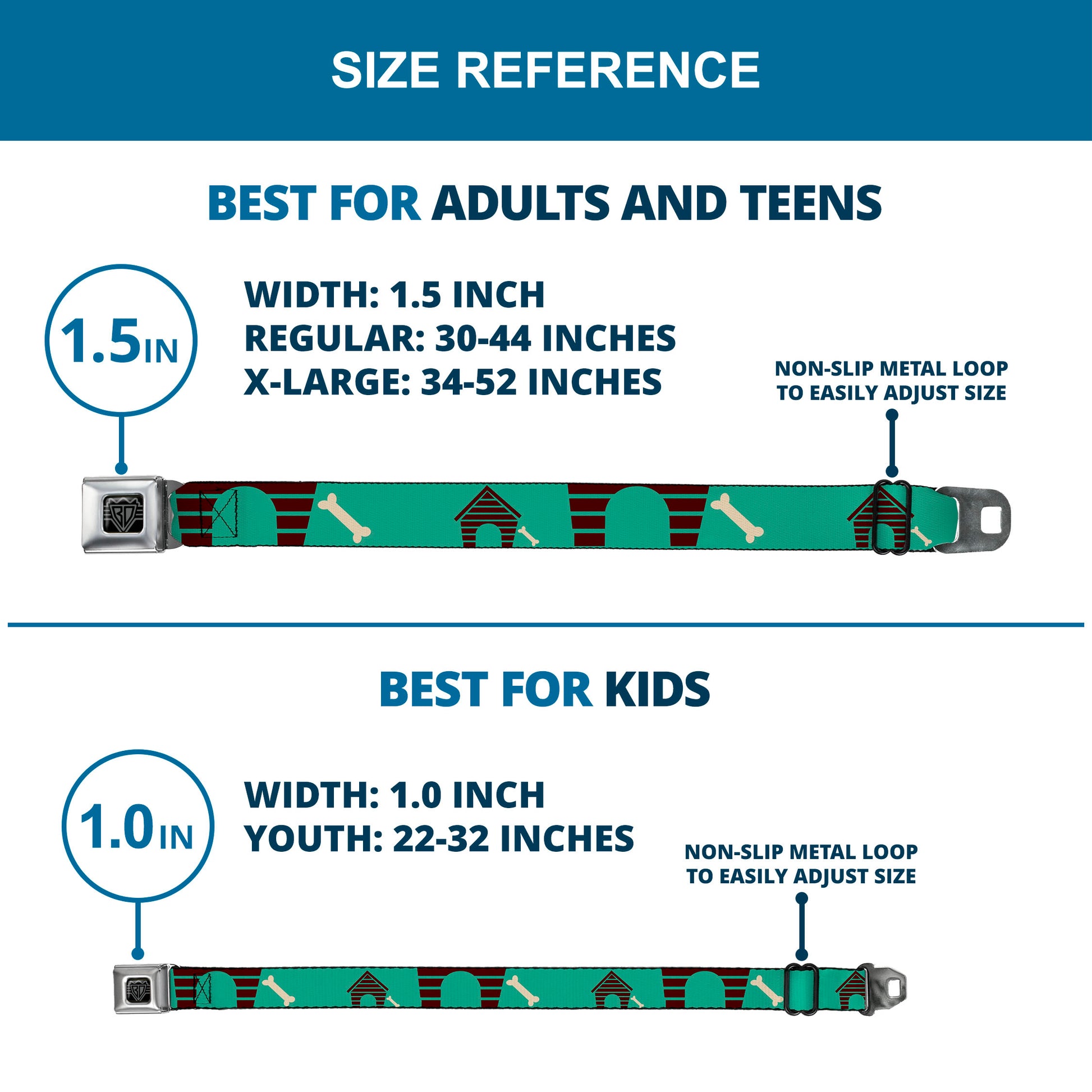 BD Wings Logo CLOSE-UP Full Color Black Silver Seatbelt Belt - Dog House & Bone Turquoise/Brown Webbing Seatbelt Belts Buckle-Down