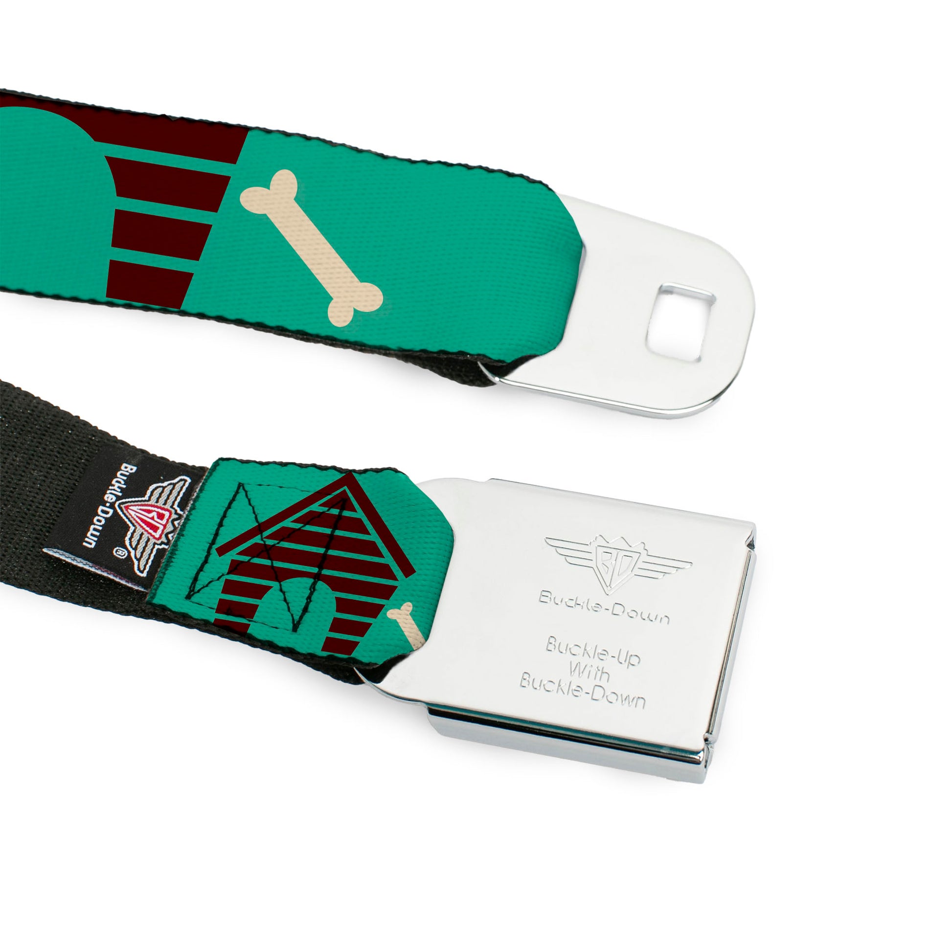 BD Wings Logo CLOSE-UP Full Color Black Silver Seatbelt Belt - Dog House & Bone Turquoise/Brown Webbing Seatbelt Belts Buckle-Down