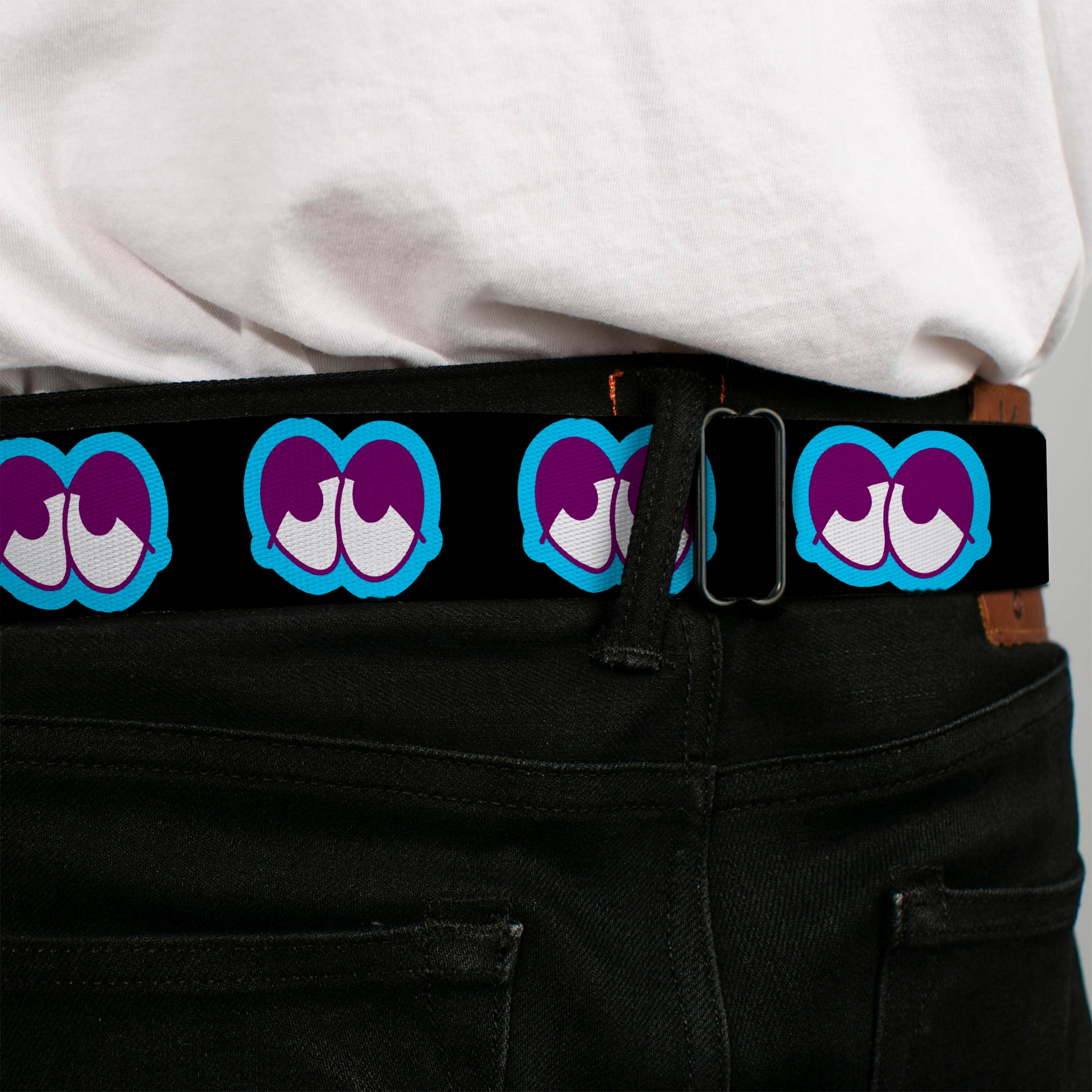 BD Wings Logo CLOSE-UP Full Color Black Silver Seatbelt Belt - Dopey Eyes Black/Baby Blue/Purple Webbing Seatbelt Belts Buckle-Down