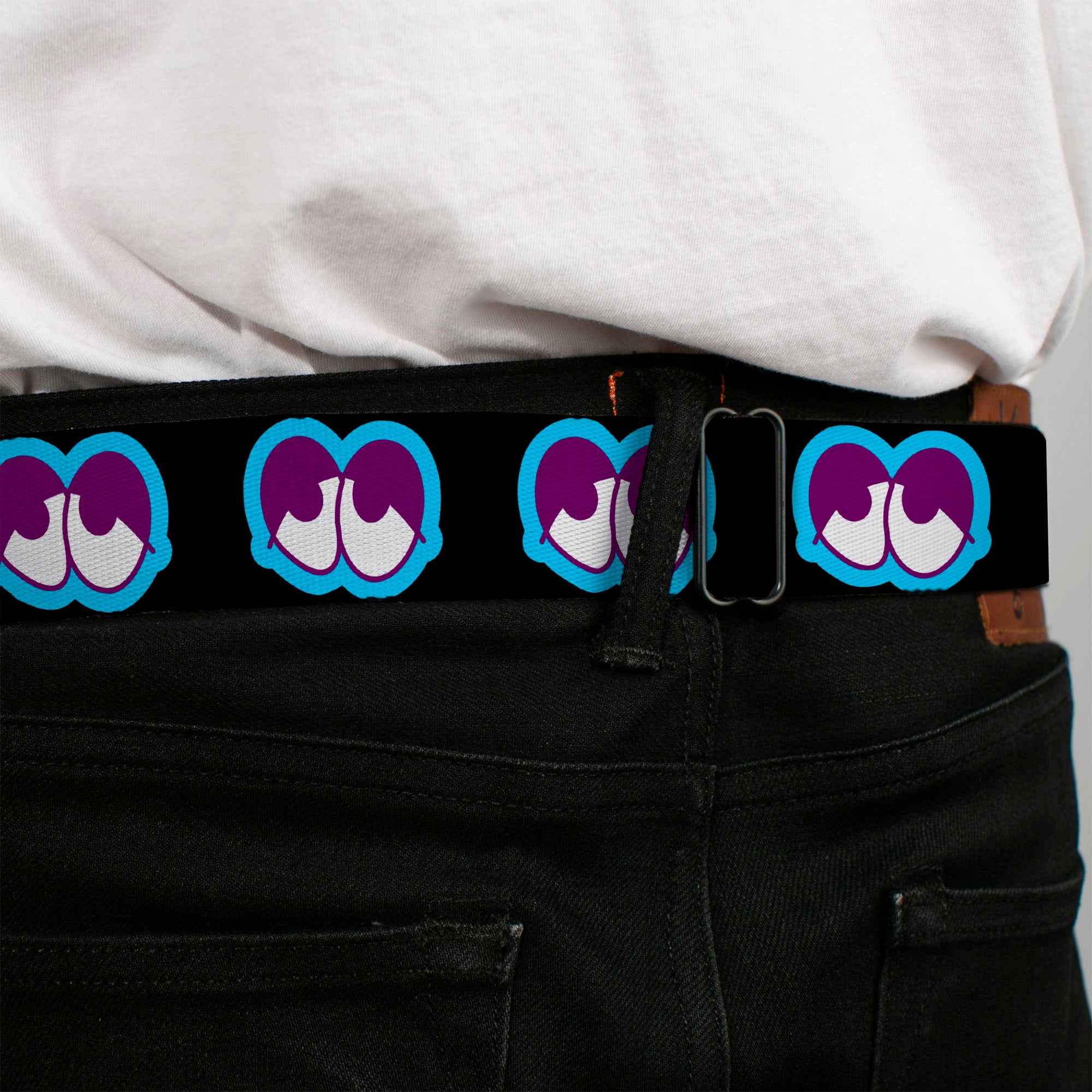 BD Wings Logo CLOSE-UP Full Color Black Silver Seatbelt Belt - Dopey Eyes Black/Baby Blue/Purple Webbing Seatbelt Belts Buckle-Down