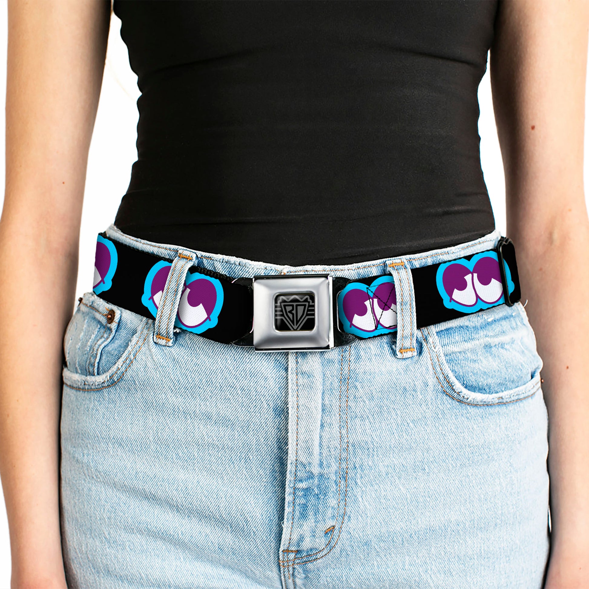 BD Wings Logo CLOSE-UP Full Color Black Silver Seatbelt Belt - Dopey Eyes Black/Baby Blue/Purple Webbing Seatbelt Belts Buckle-Down