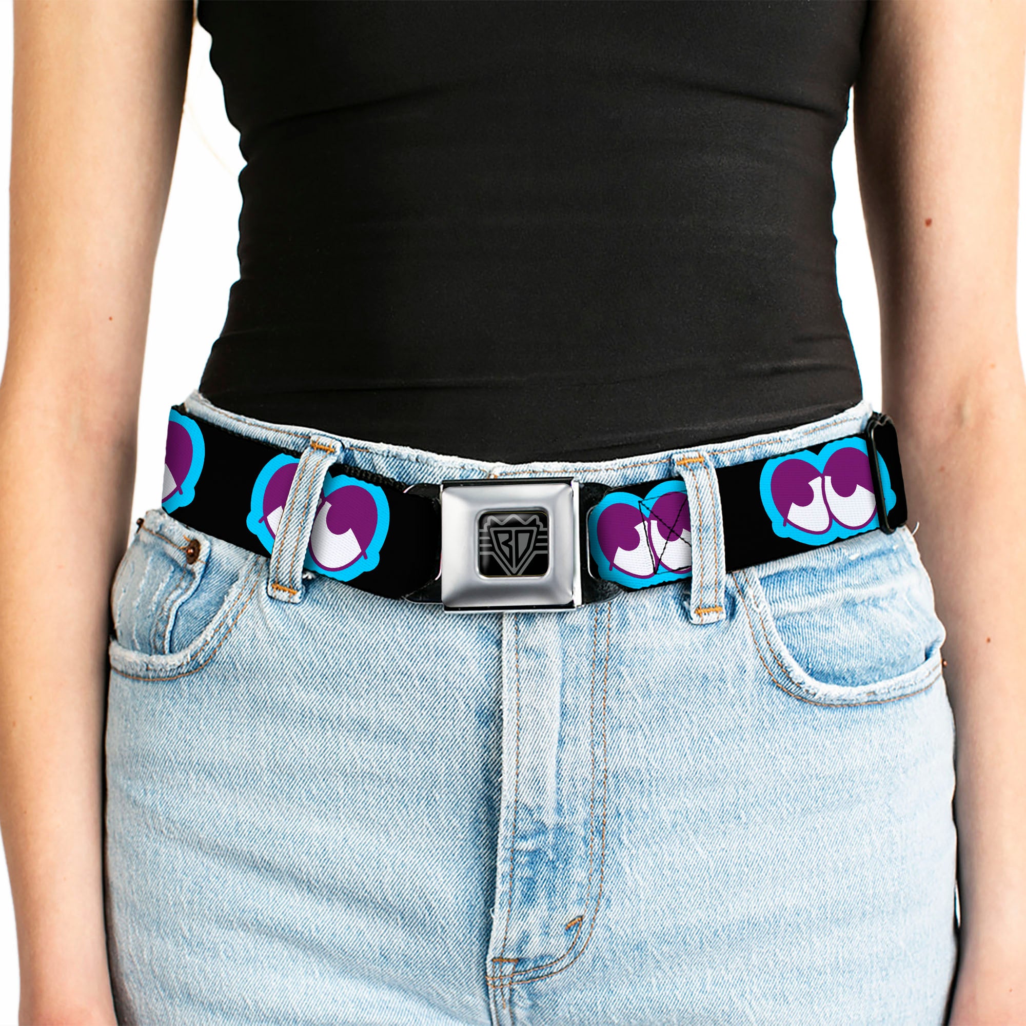 BD Wings Logo CLOSE-UP Full Color Black Silver Seatbelt Belt - Dopey Eyes Black/Baby Blue/Purple Webbing Seatbelt Belts Buckle-Down