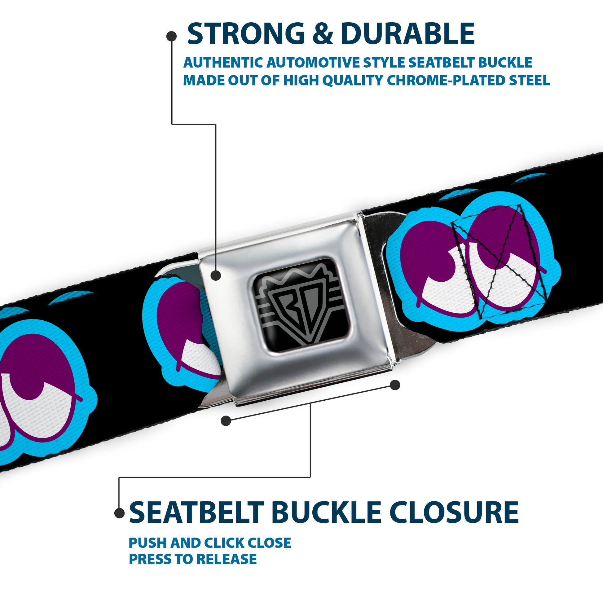 BD Wings Logo CLOSE-UP Full Color Black Silver Seatbelt Belt - Dopey Eyes Black/Baby Blue/Purple Webbing Seatbelt Belts Buckle-Down
