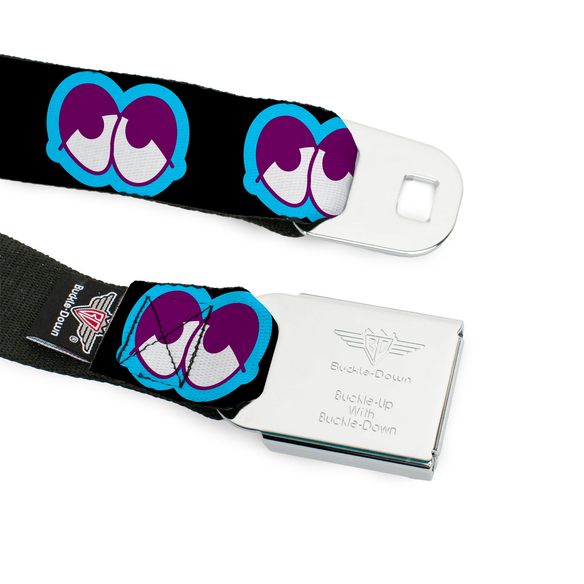 BD Wings Logo CLOSE-UP Full Color Black Silver Seatbelt Belt - Dopey Eyes Black/Baby Blue/Purple Webbing Seatbelt Belts Buckle-Down