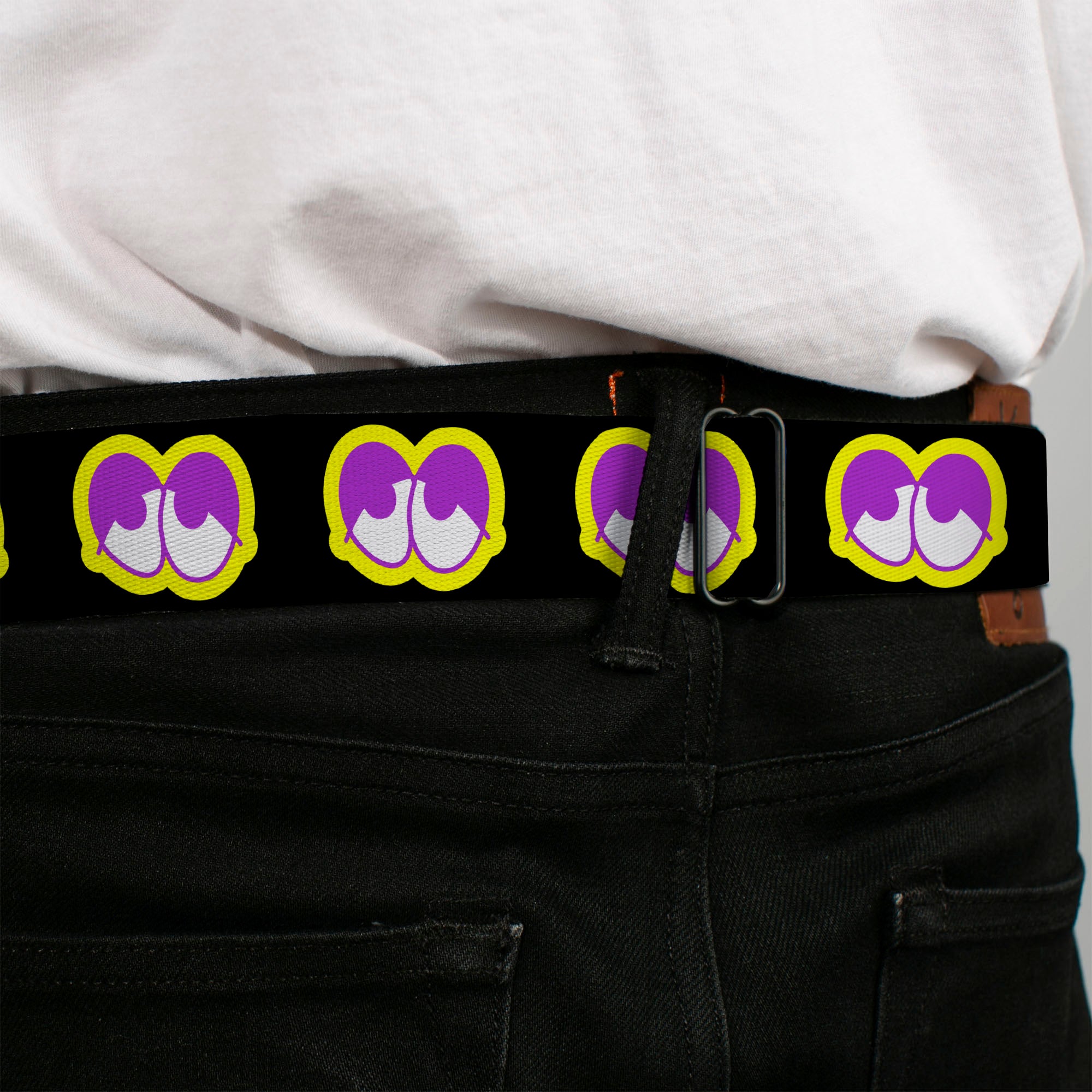 BD Wings Logo CLOSE-UP Full Color Black Silver Seatbelt Belt - Dopey Eyes Black/Yellow/Purple Webbing Seatbelt Belts Buckle-Down