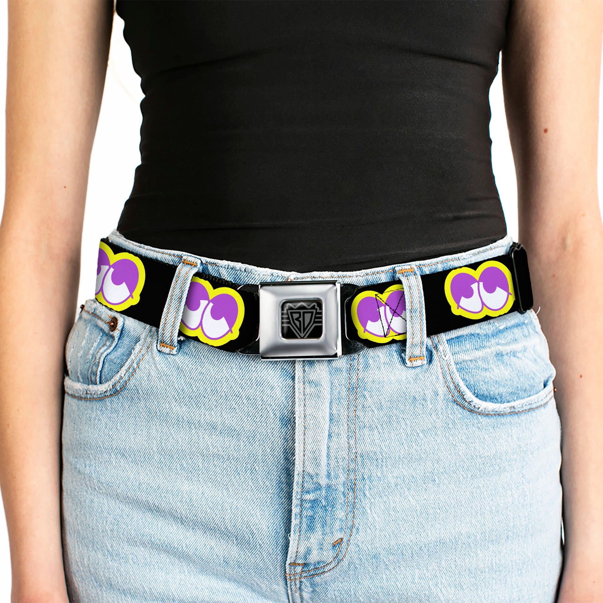 BD Wings Logo CLOSE-UP Full Color Black Silver Seatbelt Belt - Dopey Eyes Black/Yellow/Purple Webbing Seatbelt Belts Buckle-Down