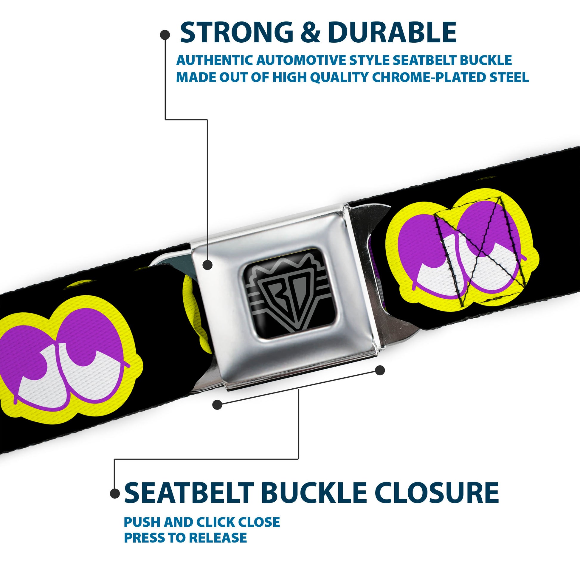 BD Wings Logo CLOSE-UP Full Color Black Silver Seatbelt Belt - Dopey Eyes Black/Yellow/Purple Webbing Seatbelt Belts Buckle-Down