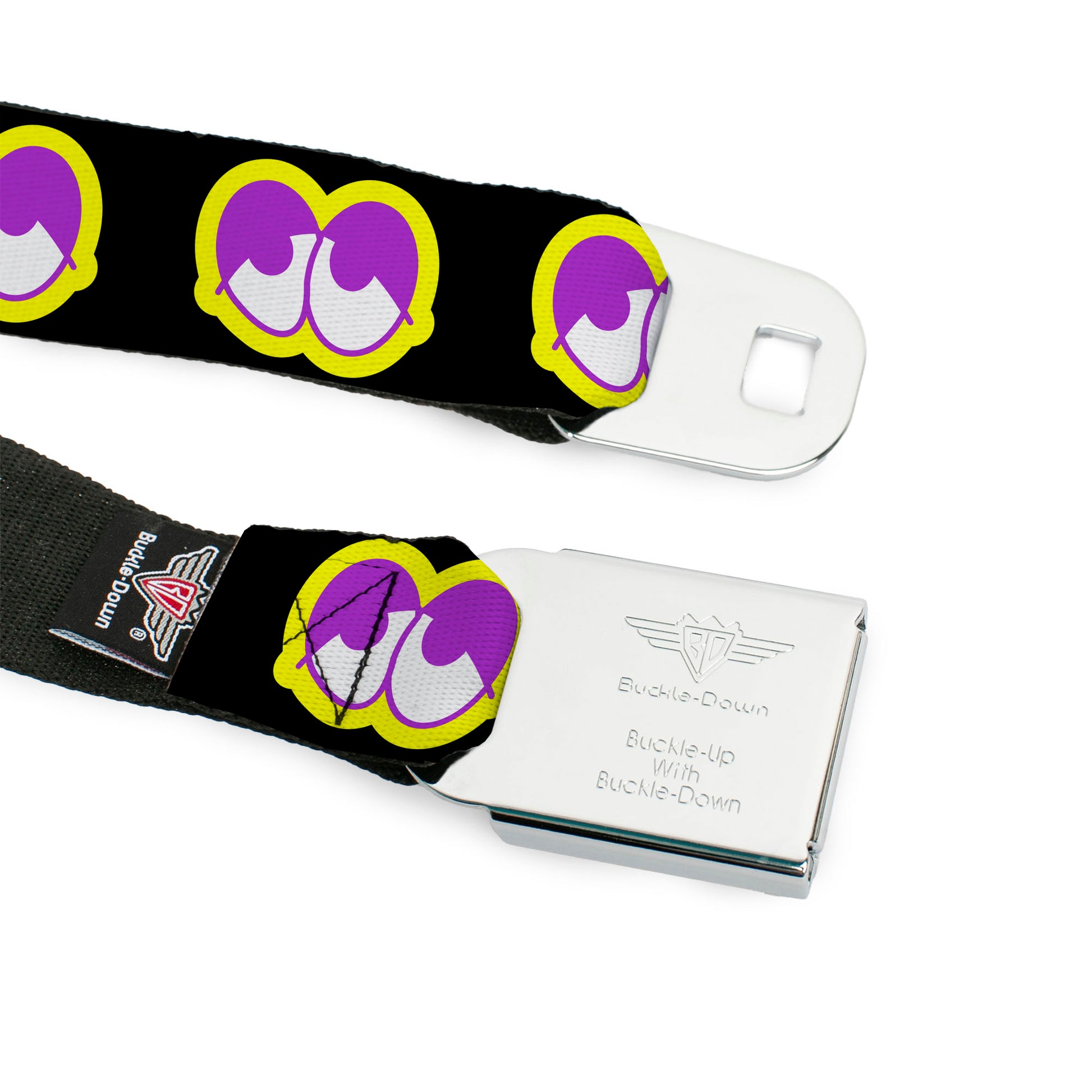 BD Wings Logo CLOSE-UP Full Color Black Silver Seatbelt Belt - Dopey Eyes Black/Yellow/Purple Webbing Seatbelt Belts Buckle-Down