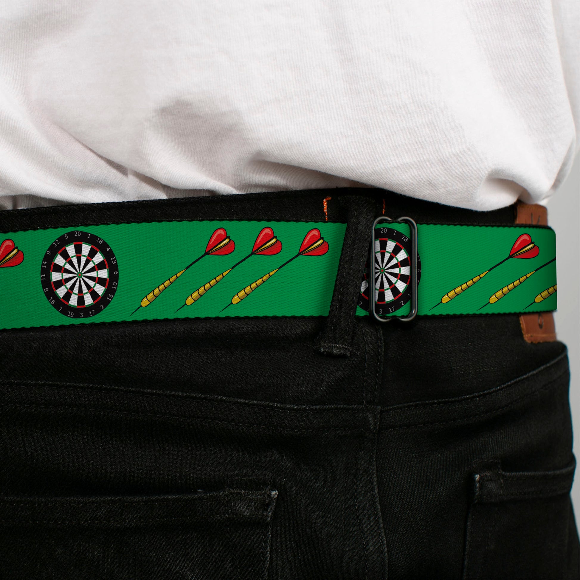 BD Wings Logo CLOSE-UP Full Color Black Silver Seatbelt Belt - Darts Green/Multi Color Webbing Seatbelt Belts Buckle-Down