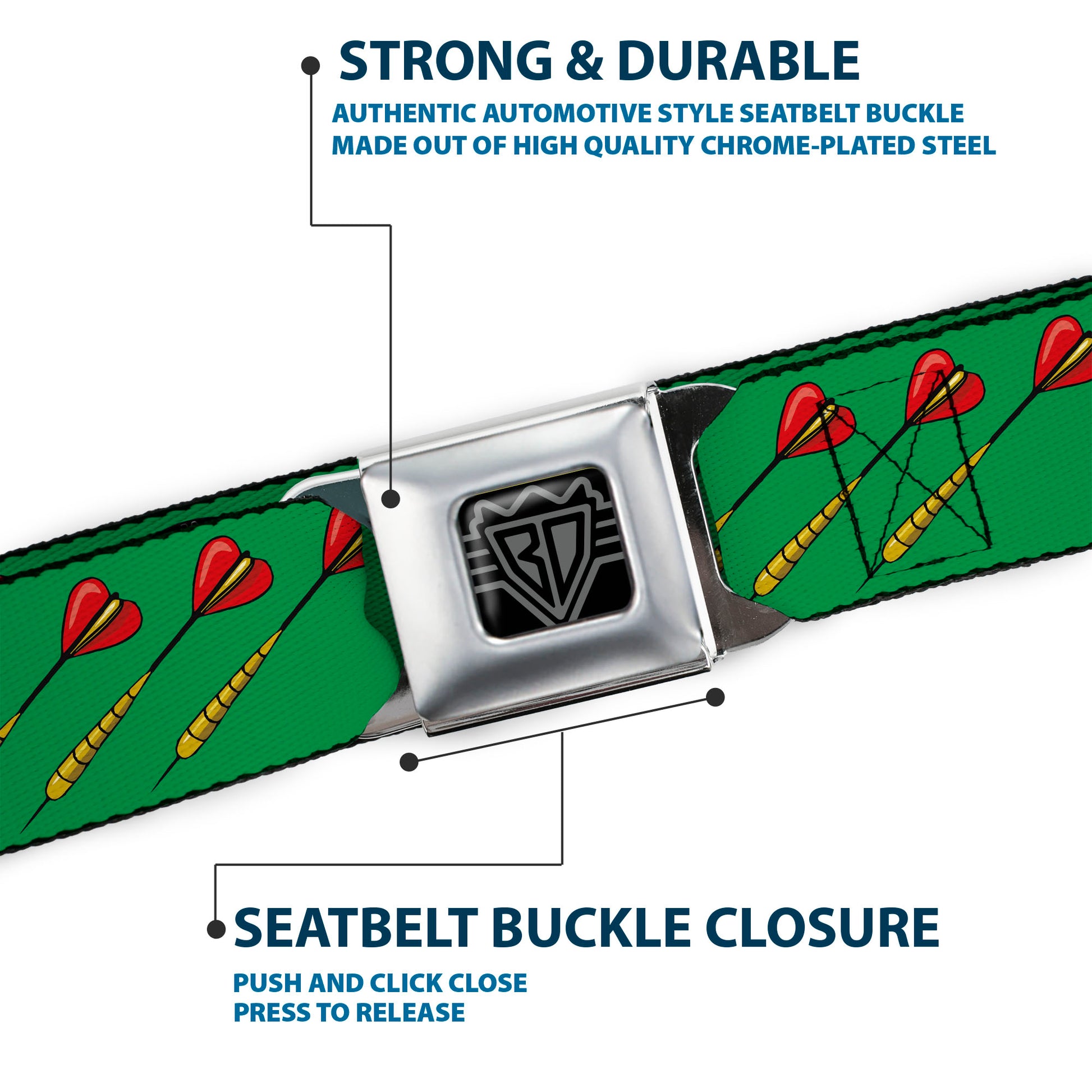 BD Wings Logo CLOSE-UP Full Color Black Silver Seatbelt Belt - Darts Green/Multi Color Webbing Seatbelt Belts Buckle-Down