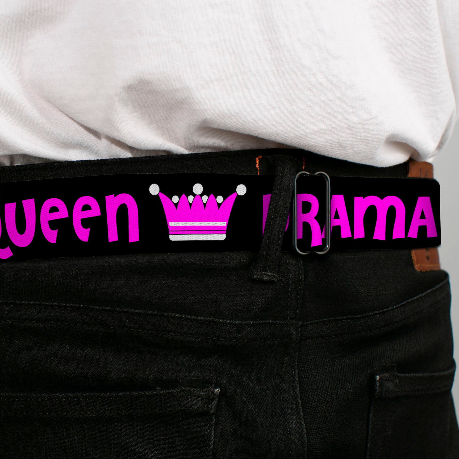 BD Wings Logo CLOSE-UP Full Color Black Silver Seatbelt Belt - DRAMA QUEEN Black/Fuchsia Webbing Seatbelt Belts Buckle-Down