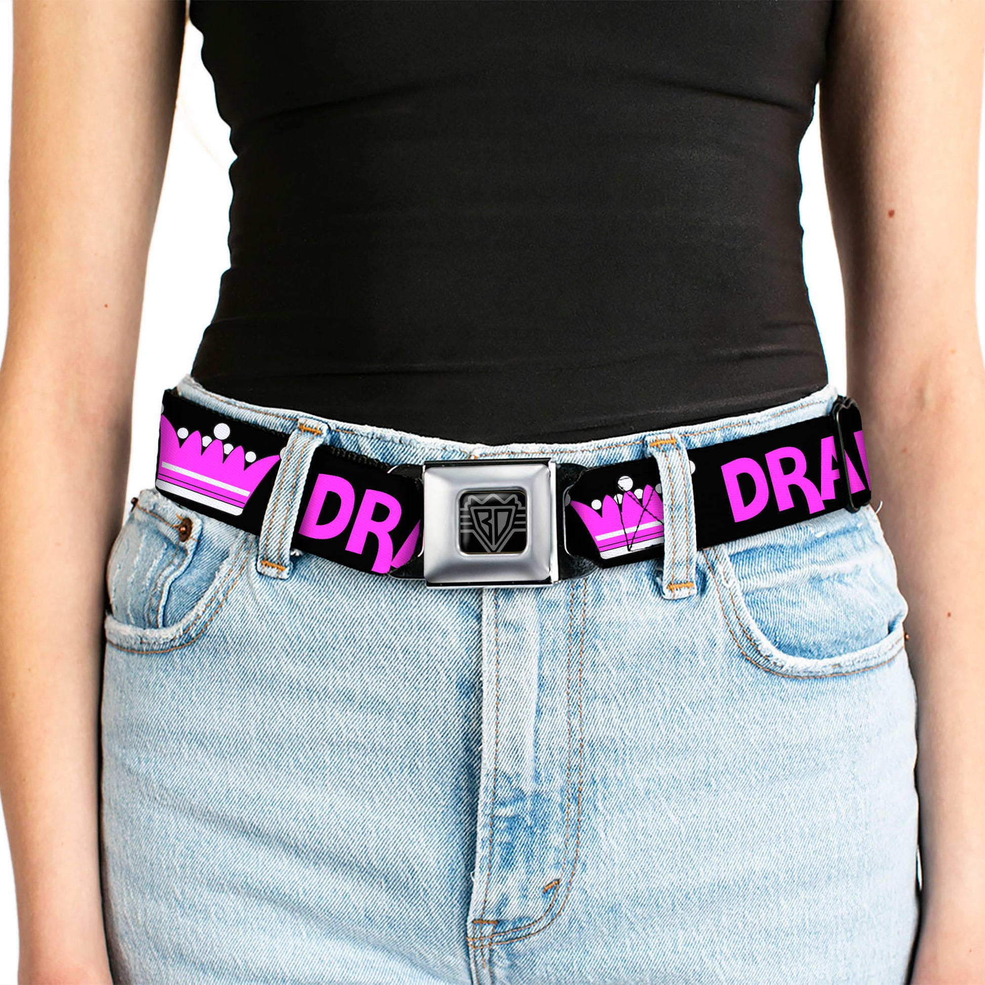 BD Wings Logo CLOSE-UP Full Color Black Silver Seatbelt Belt - DRAMA QUEEN Black/Fuchsia Webbing Seatbelt Belts Buckle-Down