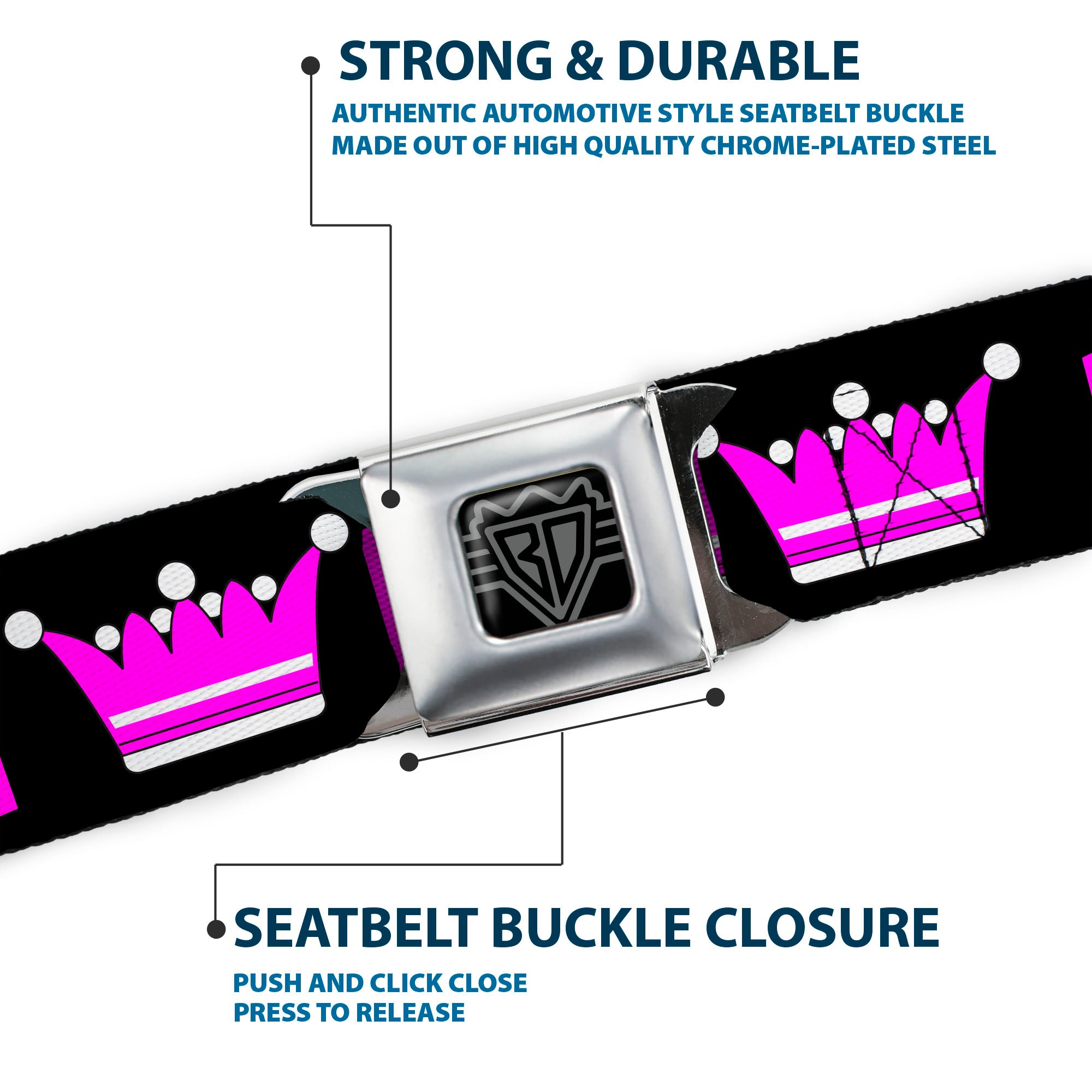 BD Wings Logo CLOSE-UP Full Color Black Silver Seatbelt Belt - DRAMA QUEEN Black/Fuchsia Webbing Seatbelt Belts Buckle-Down