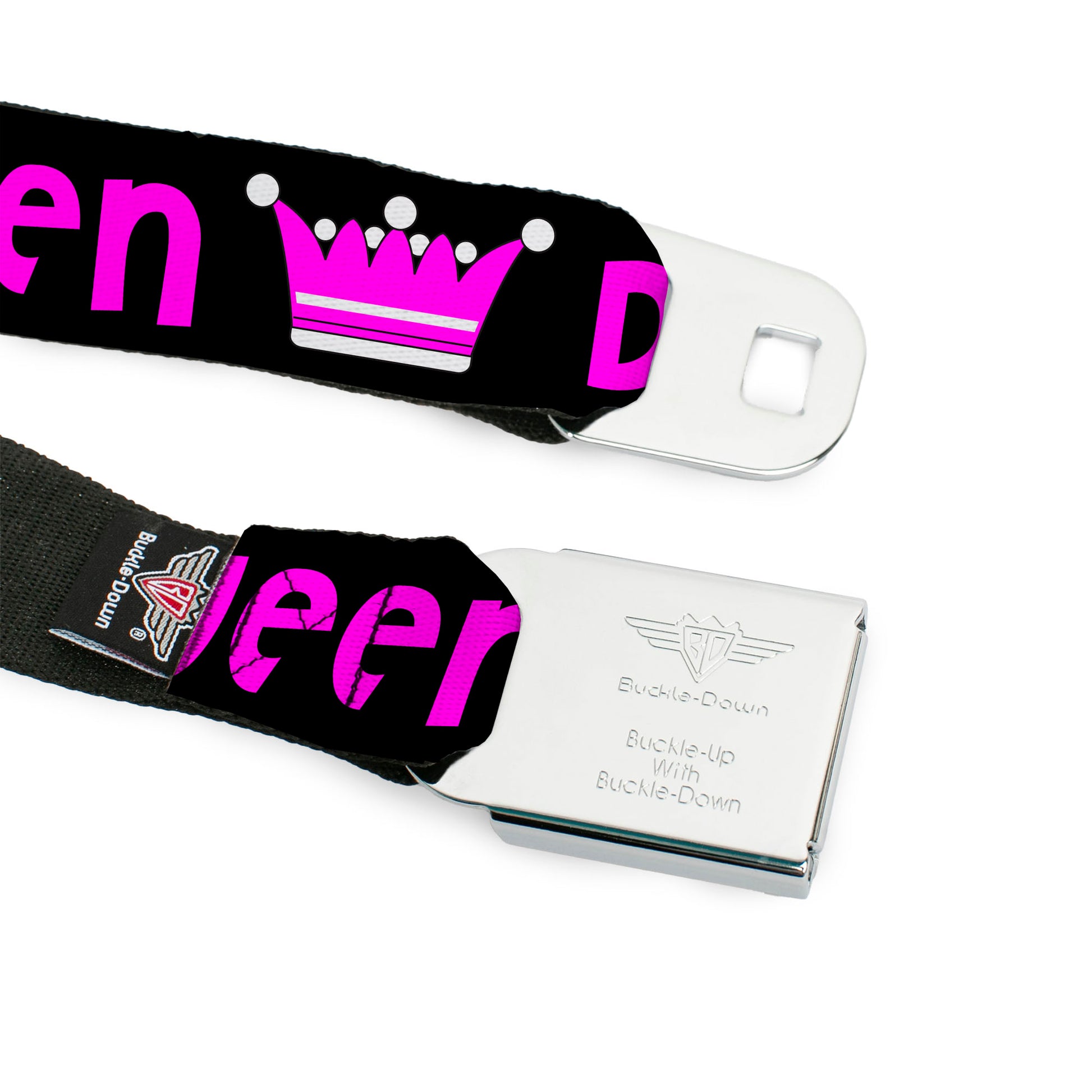 BD Wings Logo CLOSE-UP Full Color Black Silver Seatbelt Belt - DRAMA QUEEN Black/Fuchsia Webbing Seatbelt Belts Buckle-Down