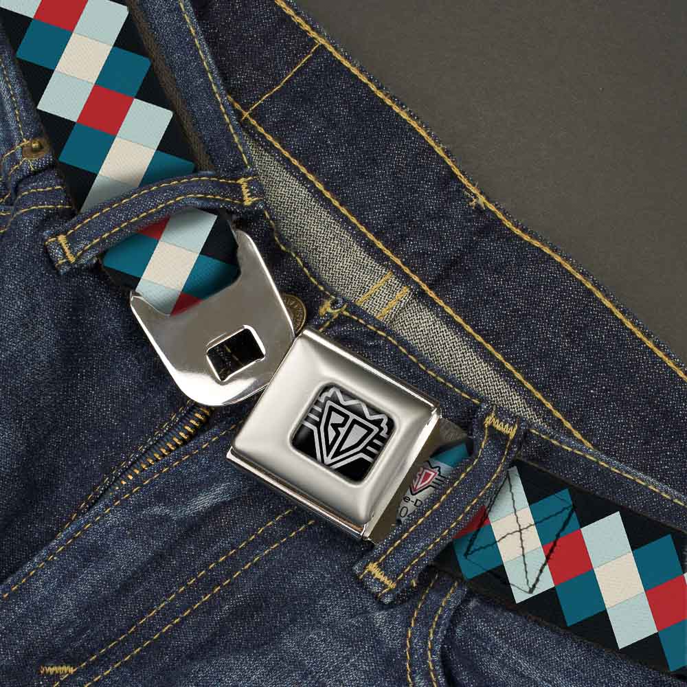 BD Wings Logo CLOSE-UP Full Color Black Silver Seatbelt Belt - Diamond Plaid Blues/Khaki/Red Webbing Seatbelt Belts Buckle-Down