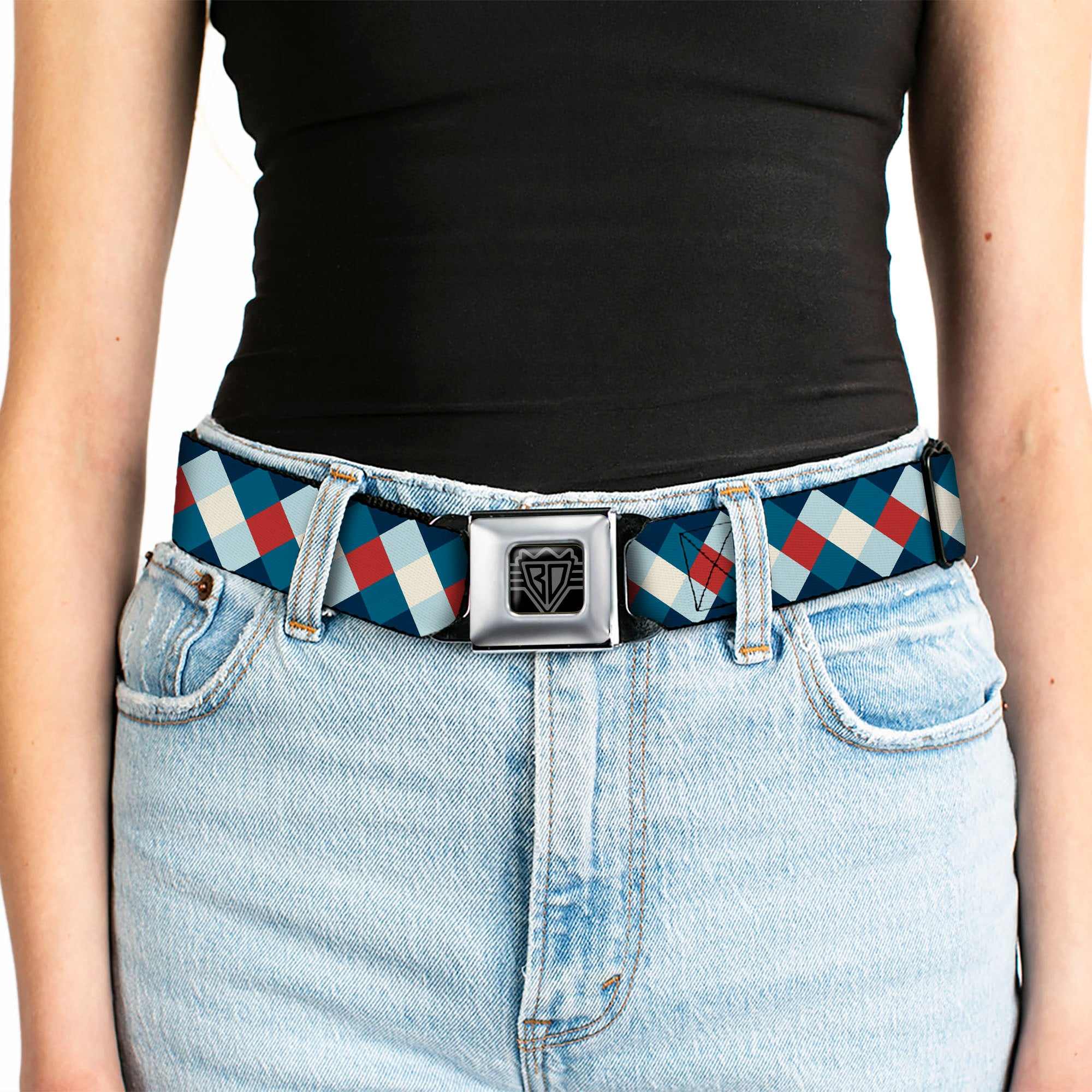 BD Wings Logo CLOSE-UP Full Color Black Silver Seatbelt Belt - Diamond Plaid Blues/Khaki/Red Webbing Seatbelt Belts Buckle-Down