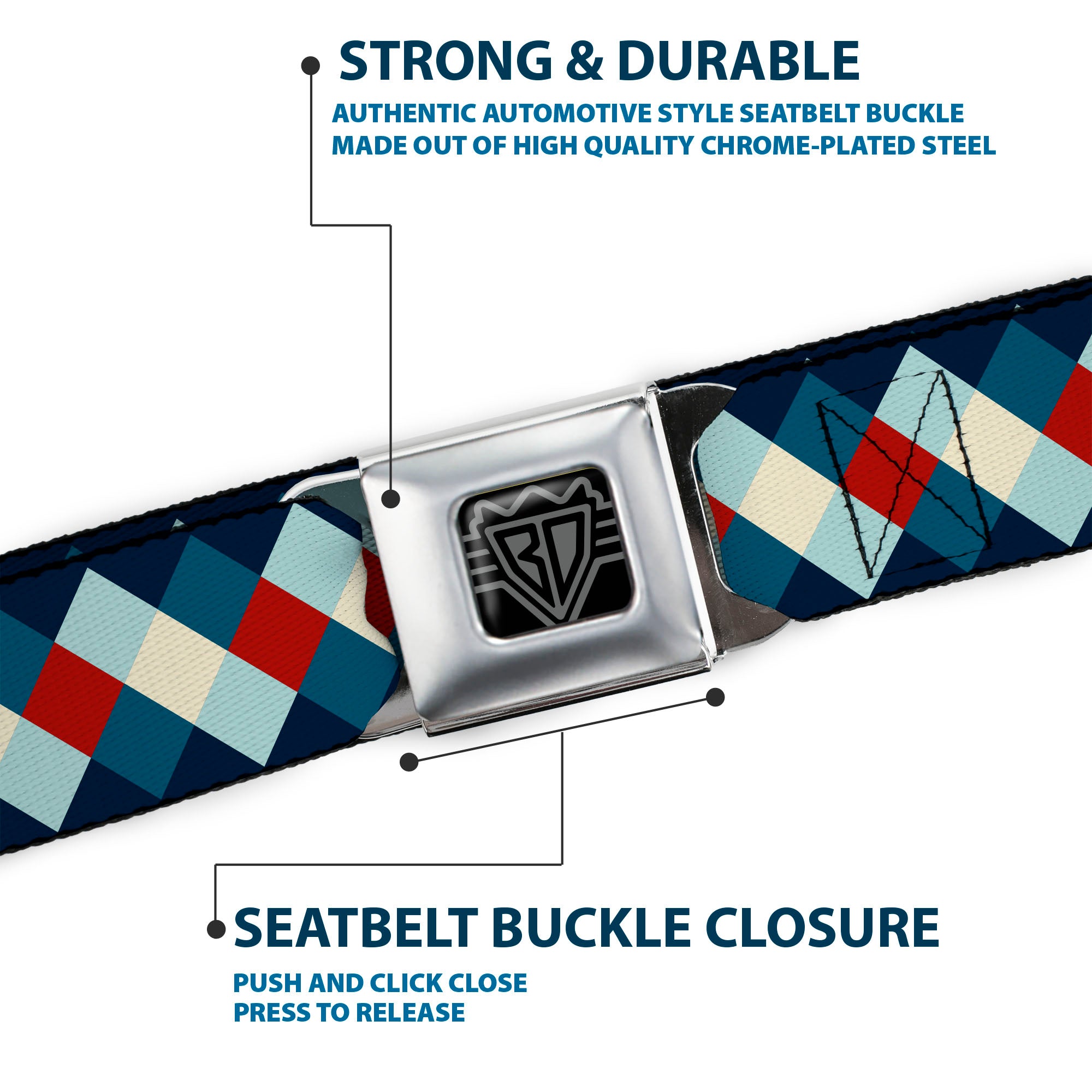 BD Wings Logo CLOSE-UP Full Color Black Silver Seatbelt Belt - Diamond Plaid Blues/Khaki/Red Webbing Seatbelt Belts Buckle-Down