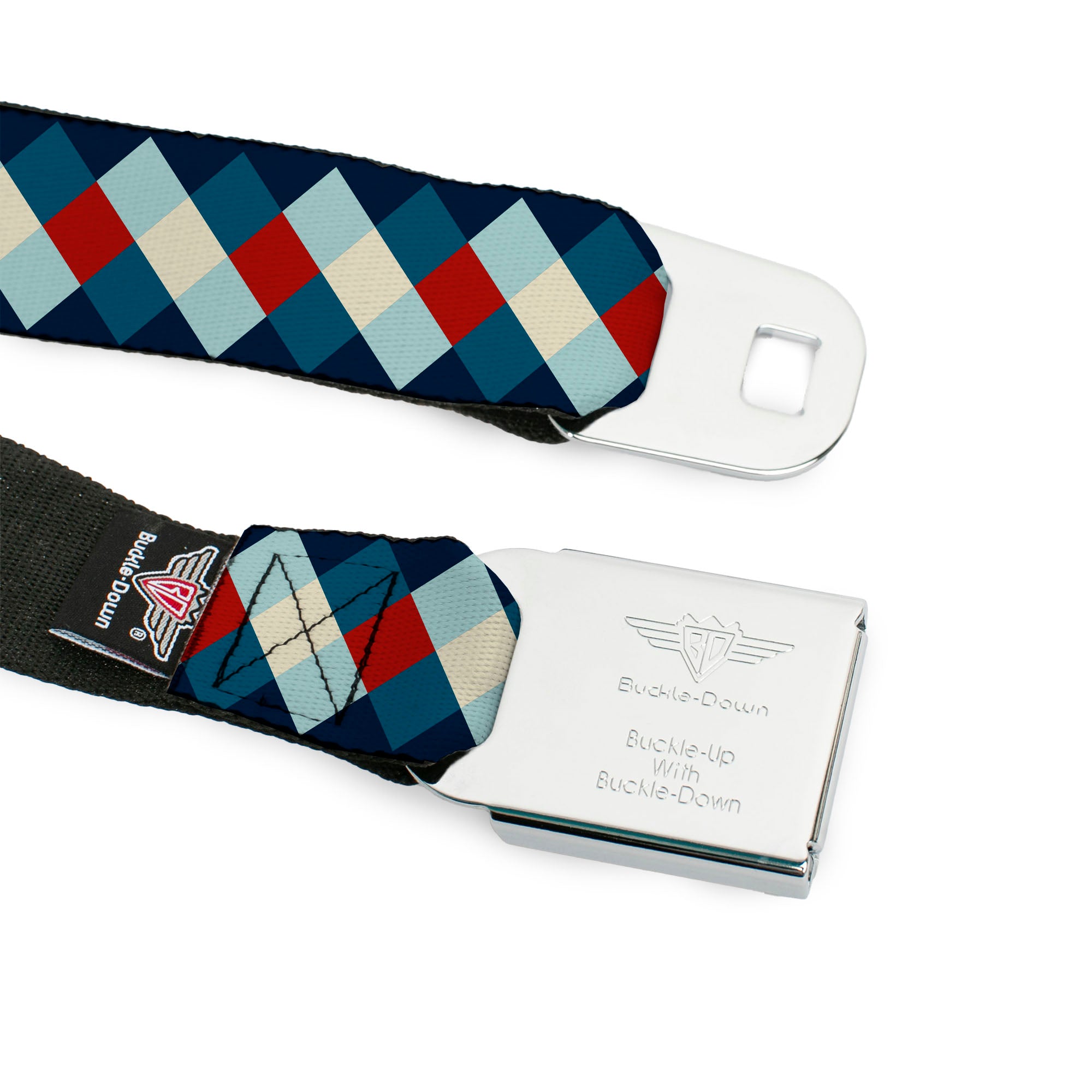 BD Wings Logo CLOSE-UP Full Color Black Silver Seatbelt Belt - Diamond Plaid Blues/Khaki/Red Webbing Seatbelt Belts Buckle-Down